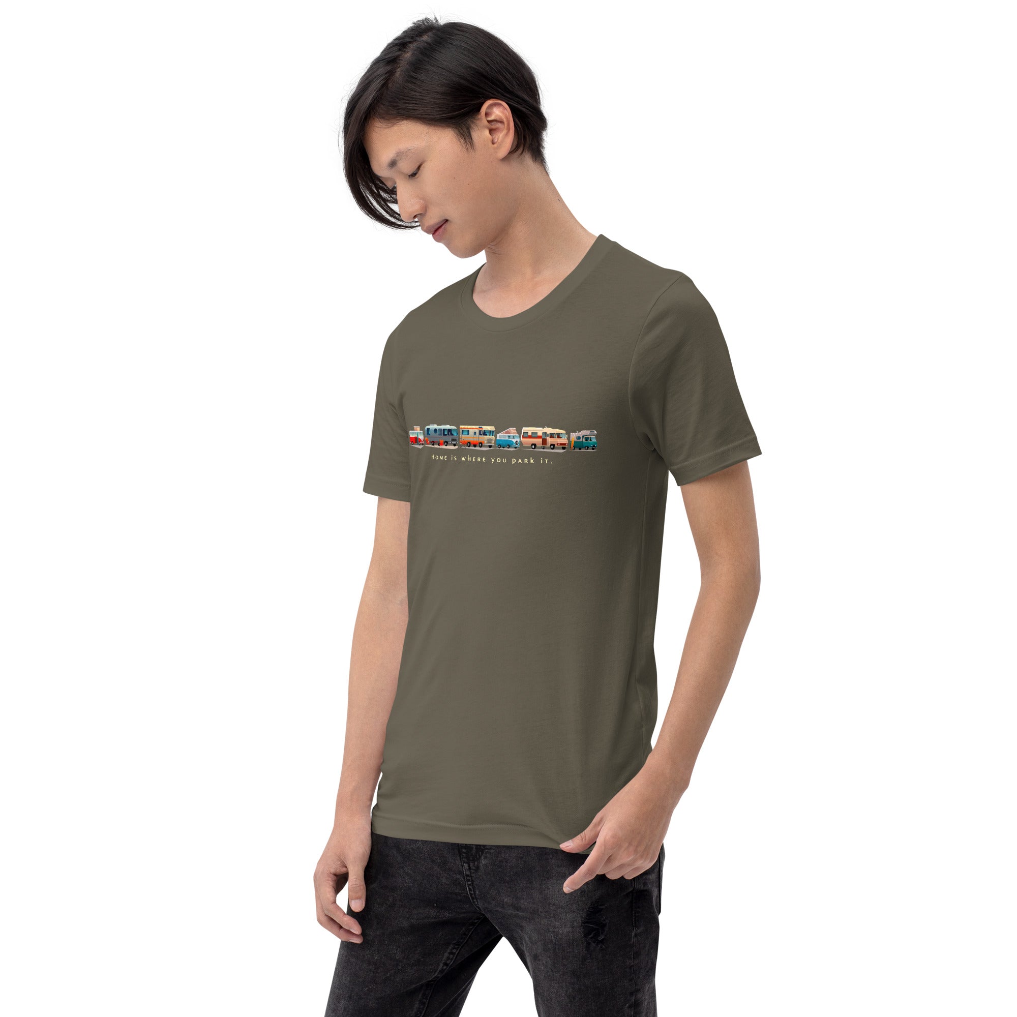 Unisex cotton t-shirt Vintage Campers: Home is where you park it on green