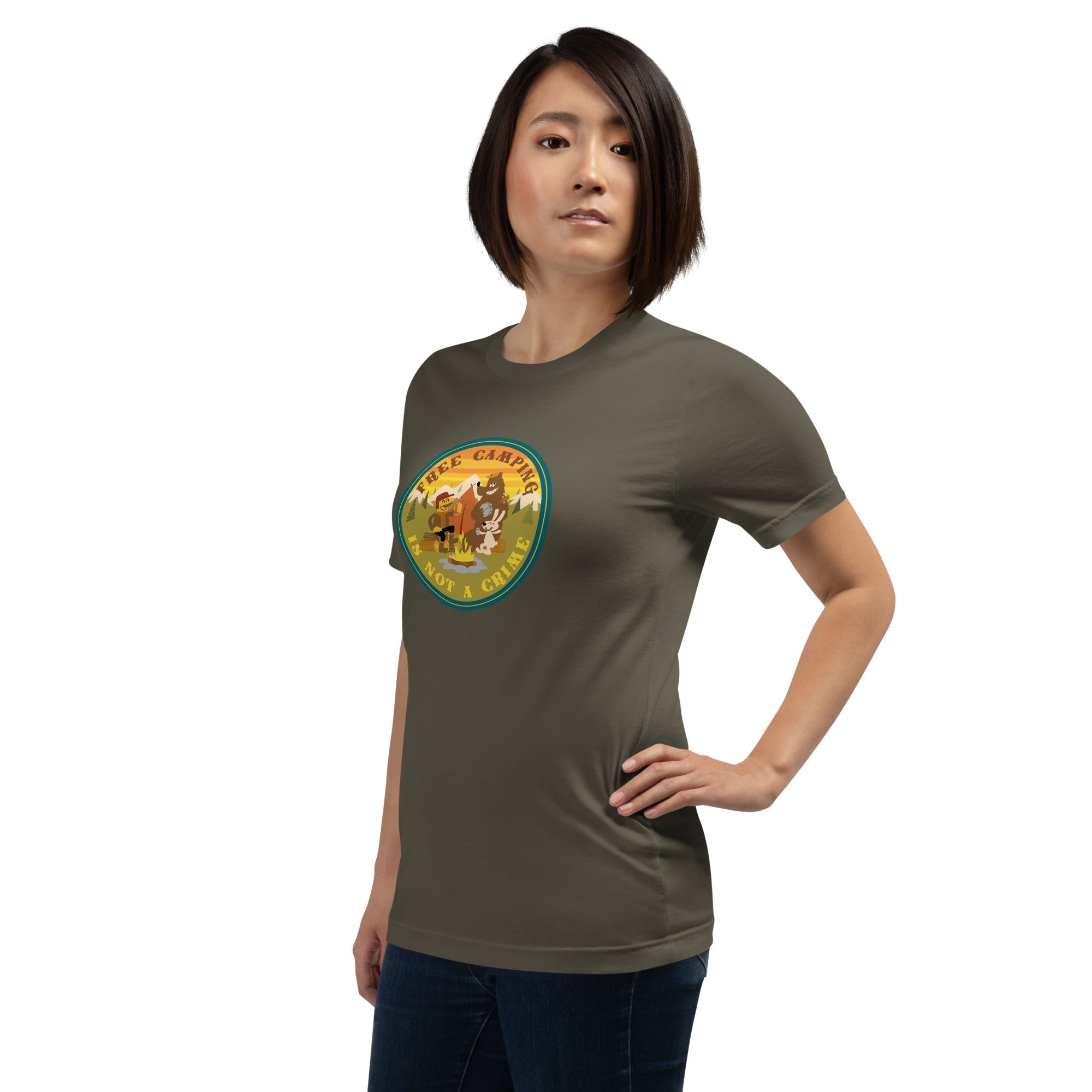 Unisex cotton t-shirt Free Camping is not a Crime on greens