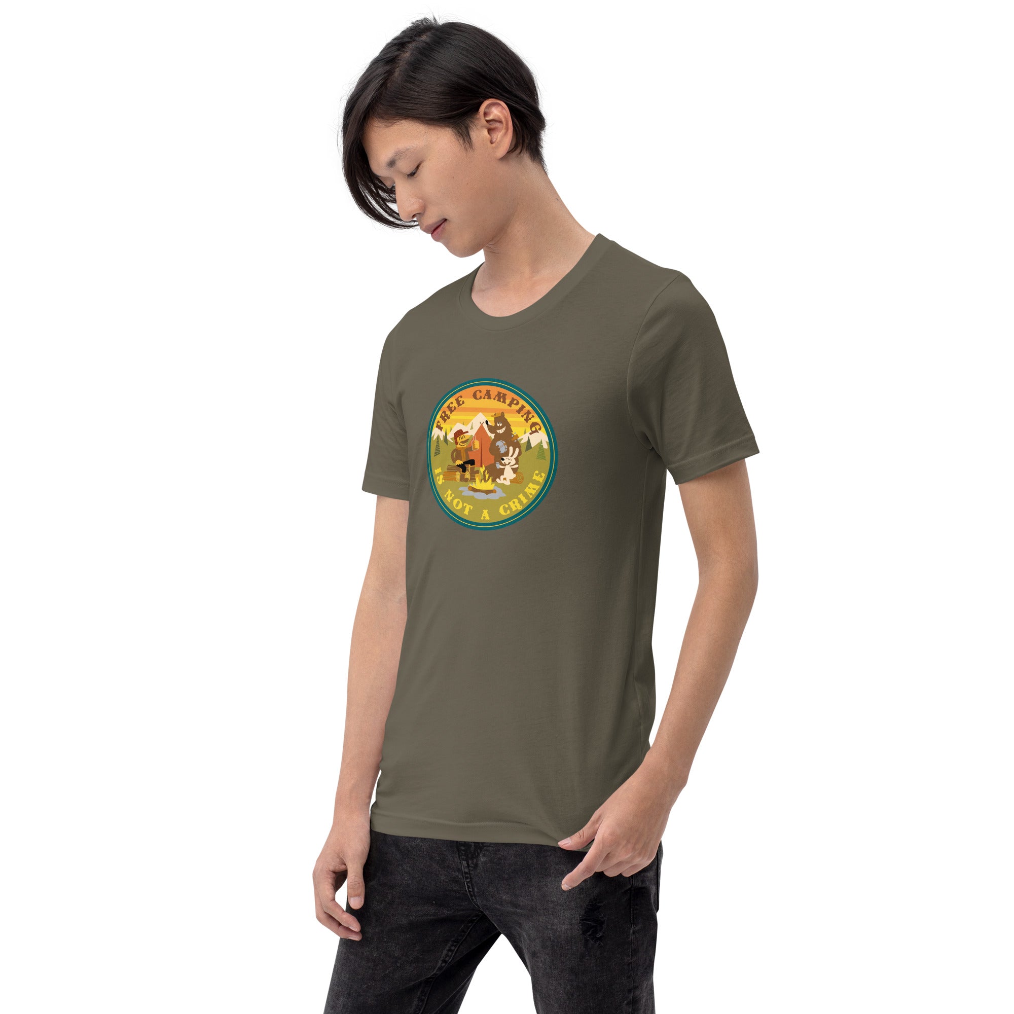 Unisex cotton t-shirt Free Camping is not a Crime on greens