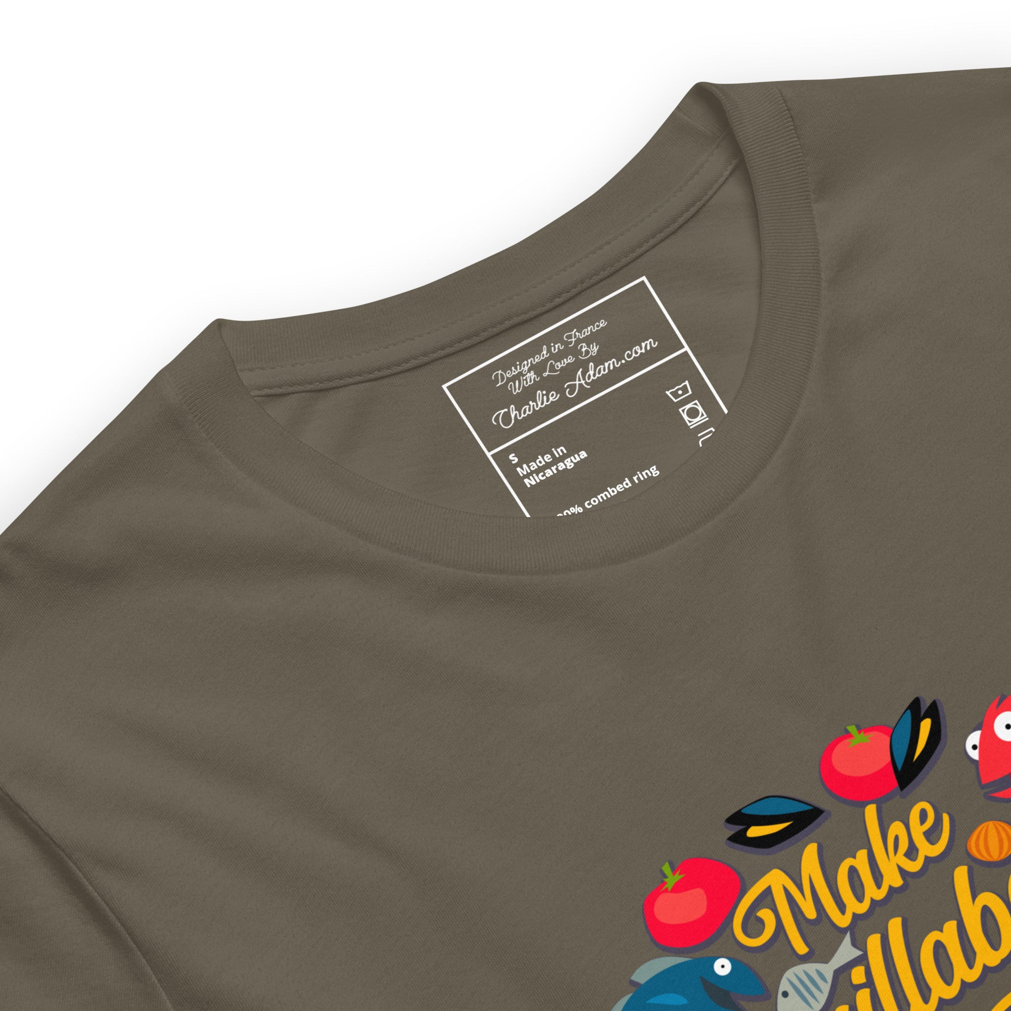 T-shirt en coton unisexe Make Bouillabaisse Not War sur couleurs foncées
