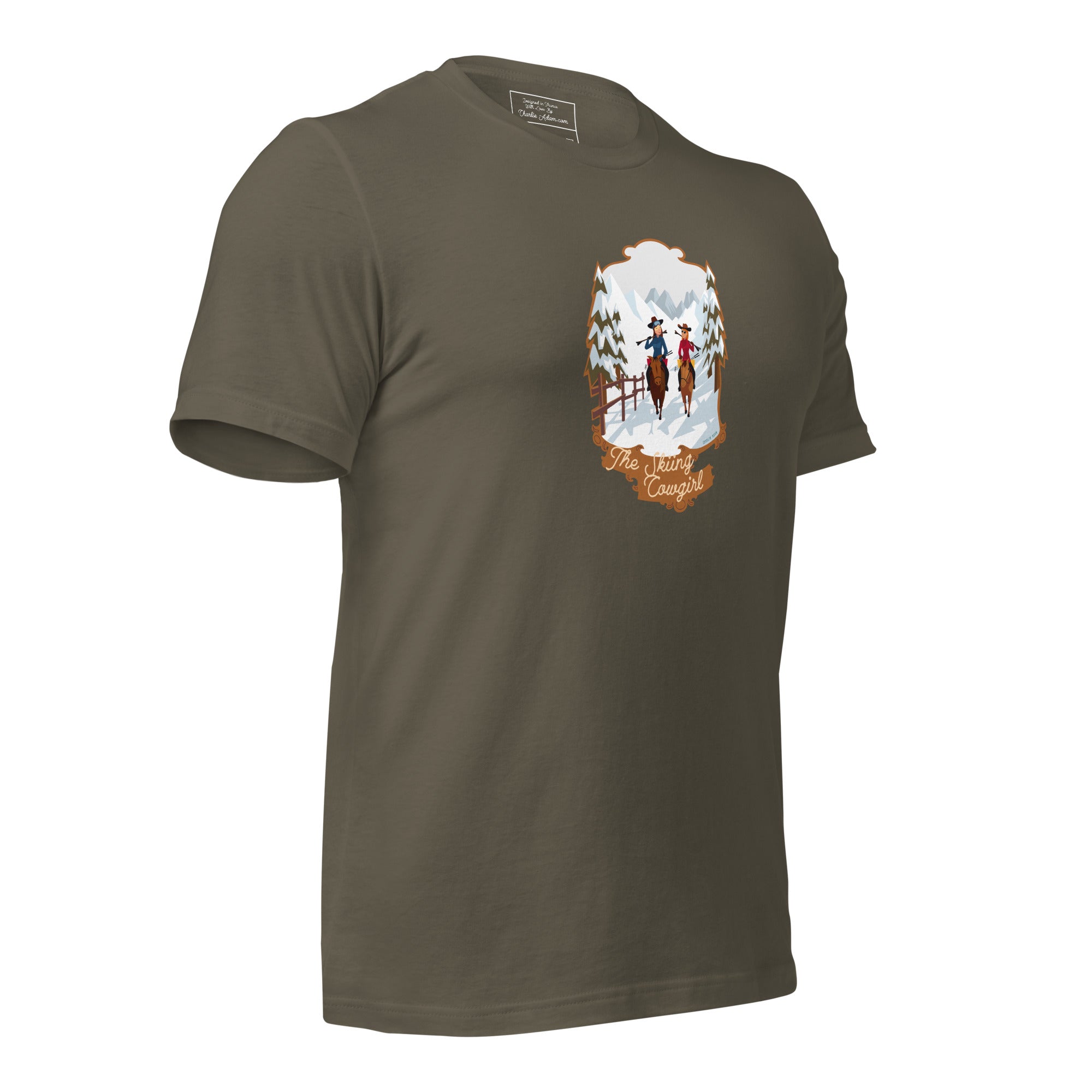 T-shirt en coton unisexe The Skiing Cowgirl sur couleurs foncées
