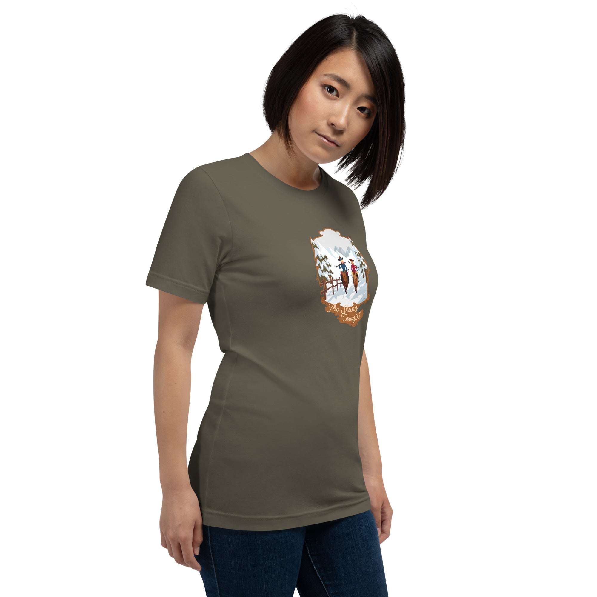 T-shirt en coton unisexe The Skiing Cowgirl sur couleurs foncées