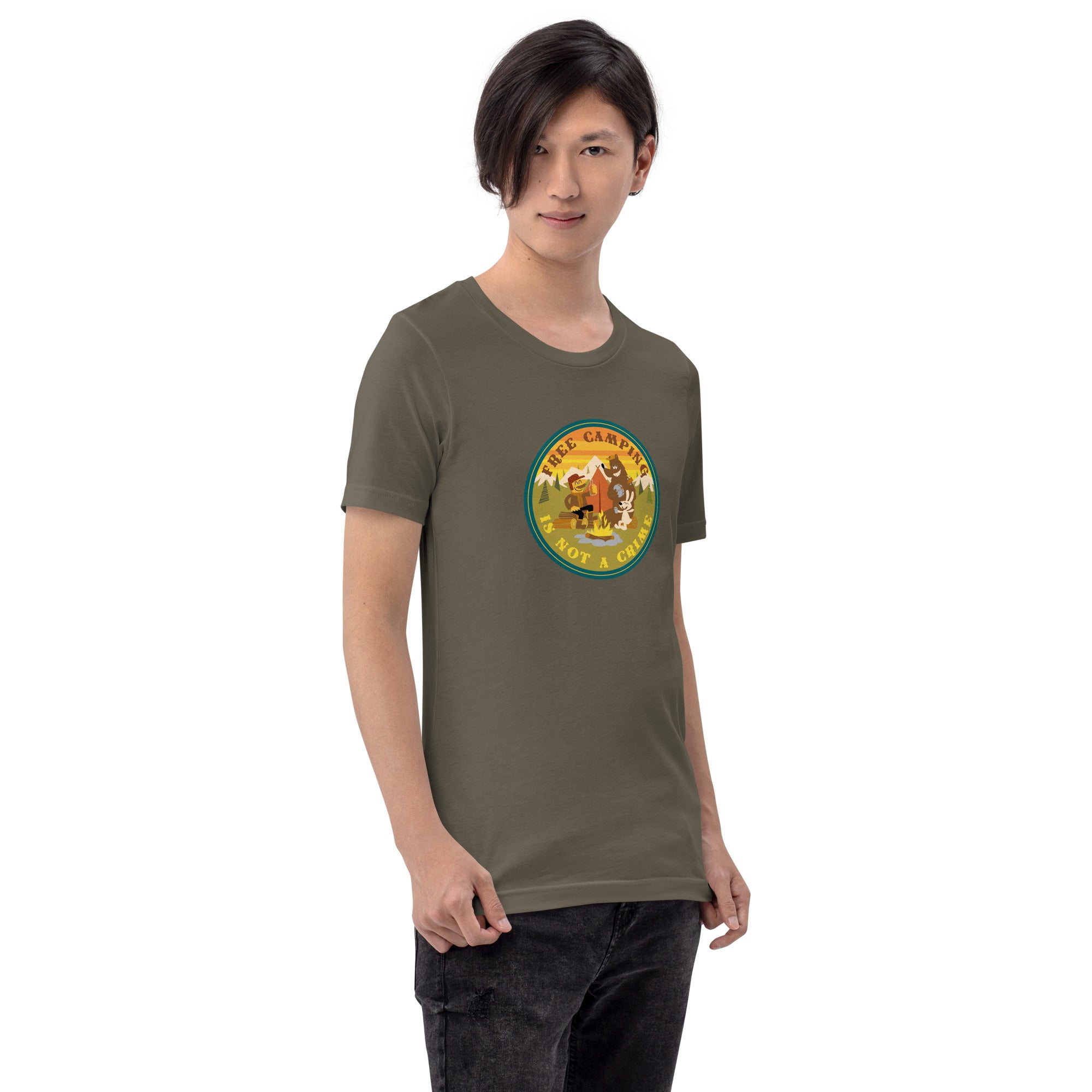 Unisex cotton t-shirt Free Camping is not a Crime on greens