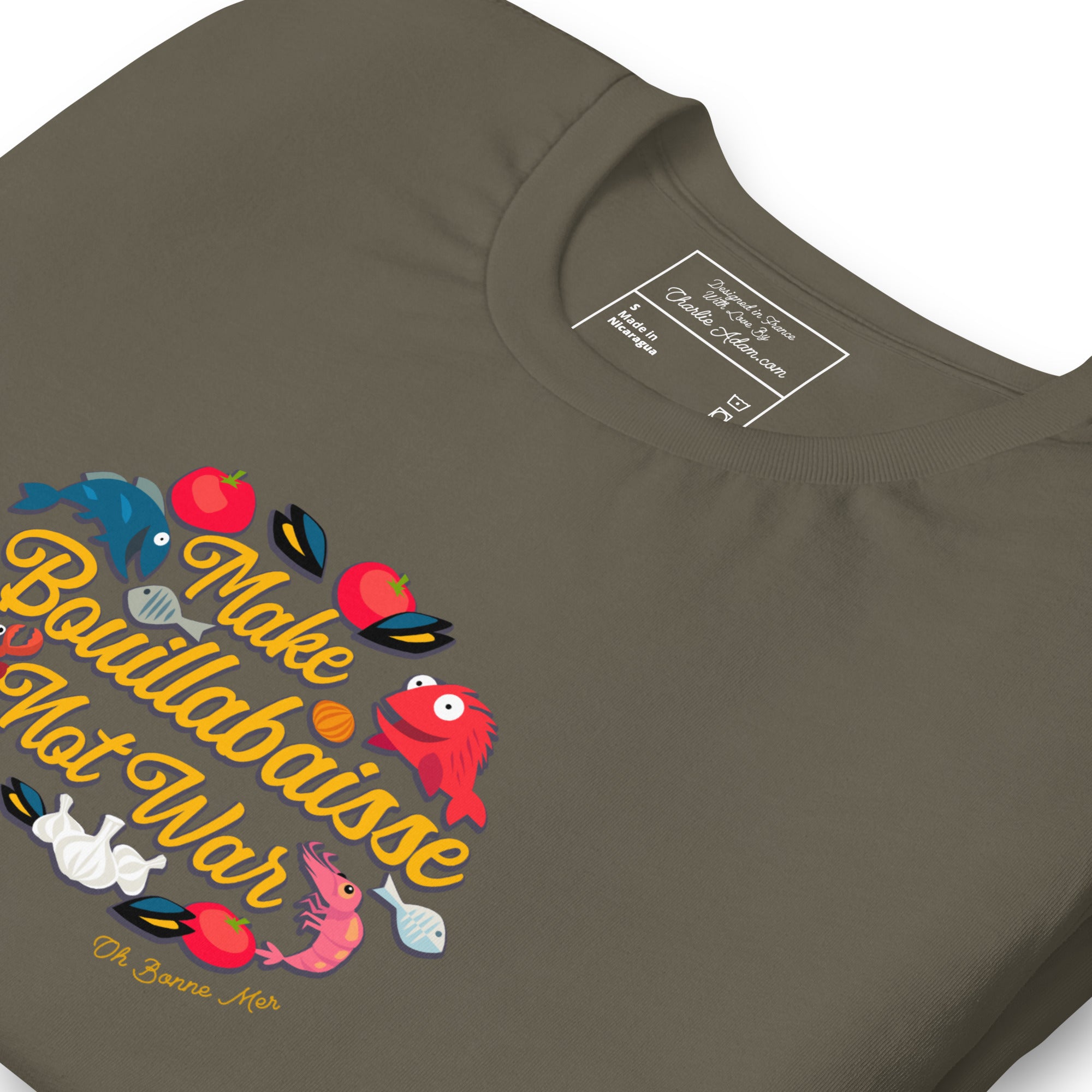 T-shirt en coton unisexe Make Bouillabaisse Not War sur couleurs foncées