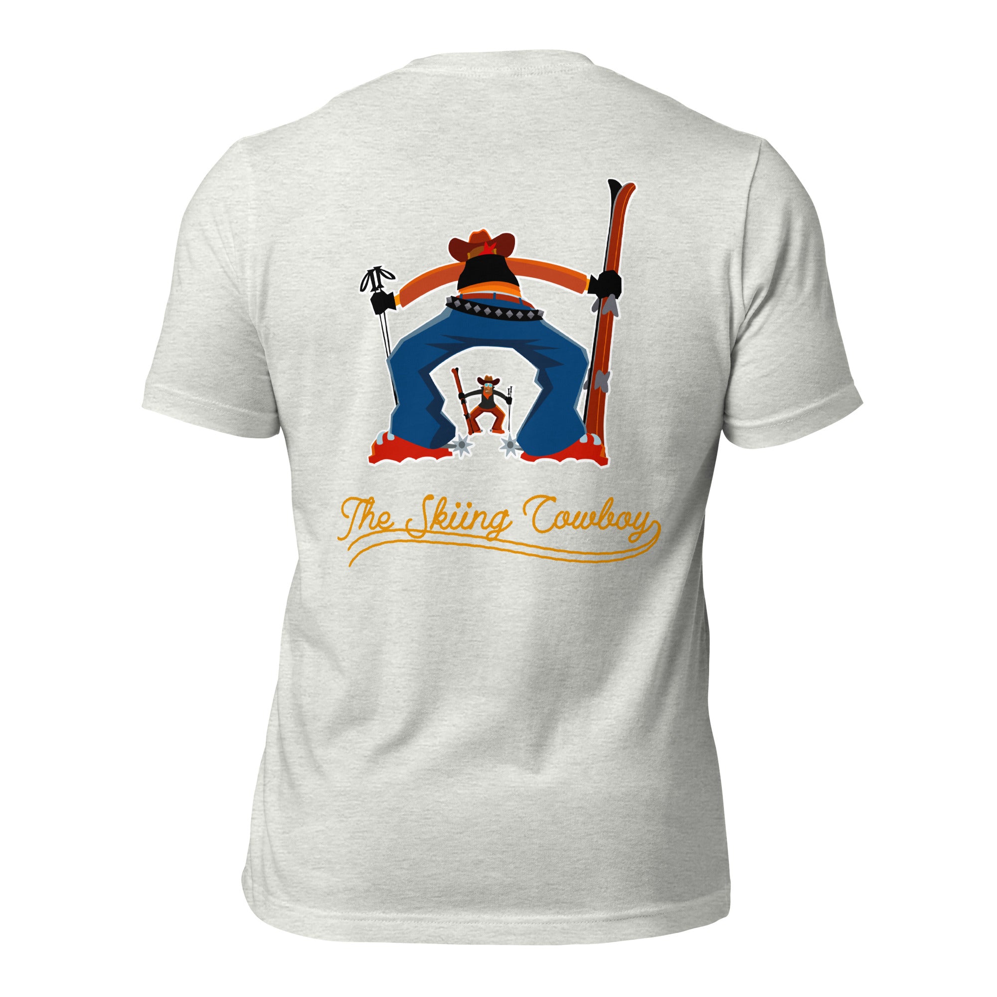 T-shirt en coton unisexe Skiing Cowboy (face) & Ski Fight at OK Corral Outline (dos) sur couleurs chinées claires