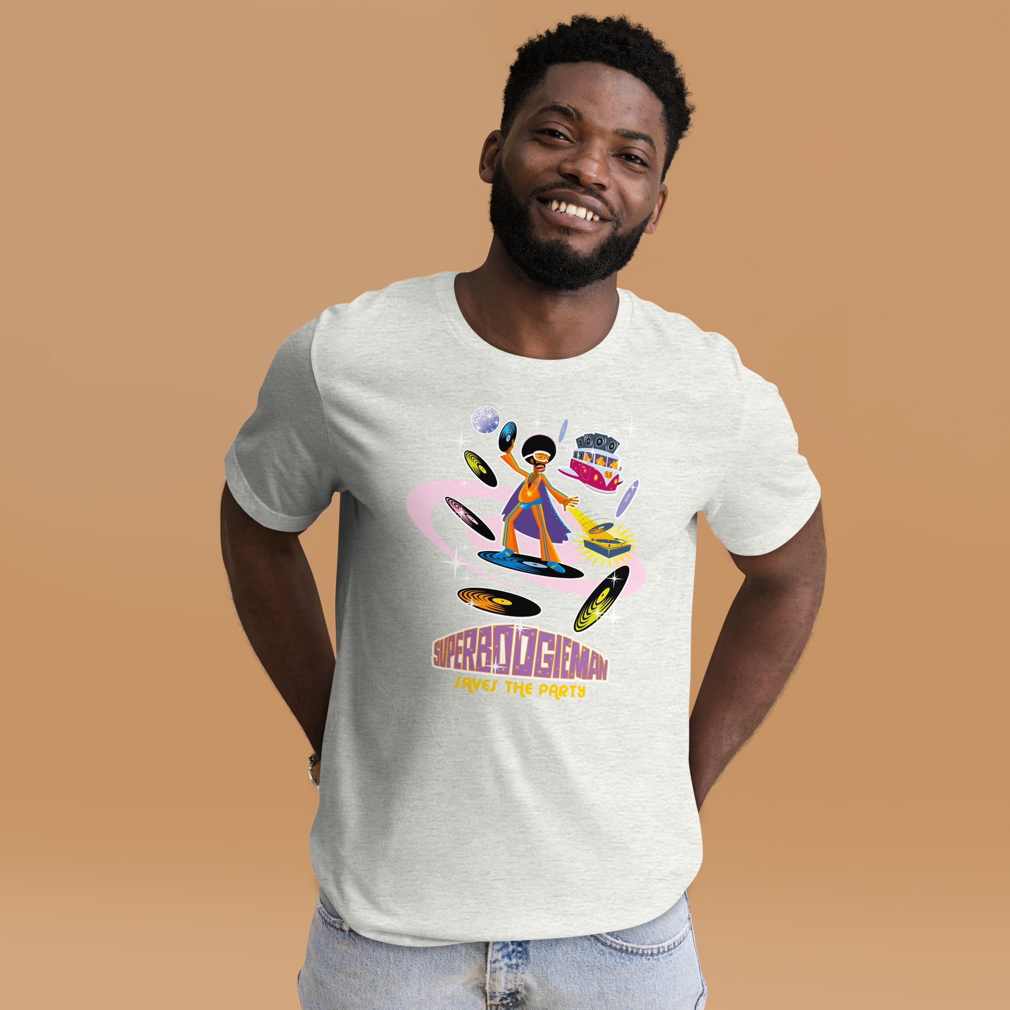 Unisex t-shirt Superboogieman saves the Party on light heather colors