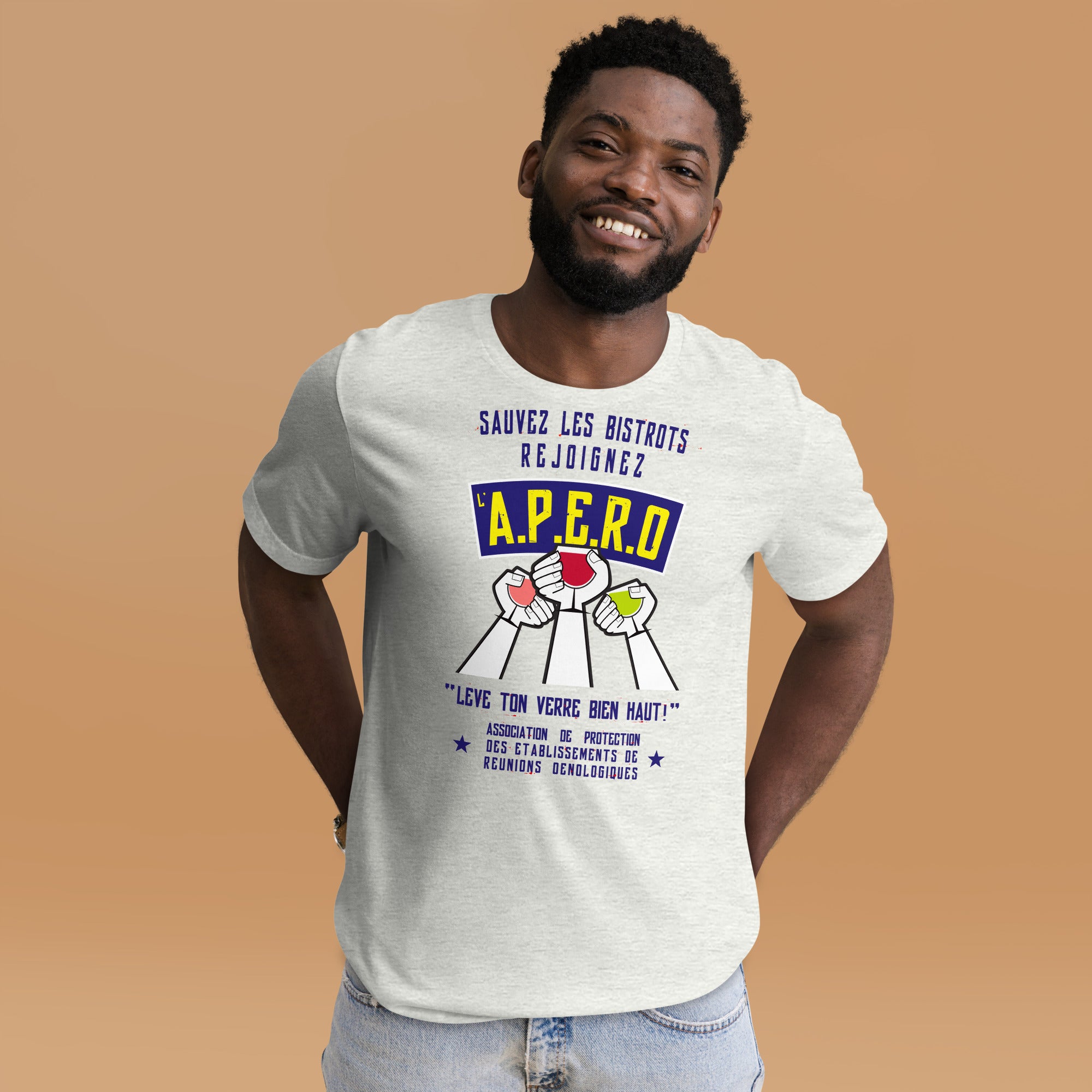 Unisex cotton t-shirt Sauvez les Bistrots, rejoignez l'Apéro on light heather colors