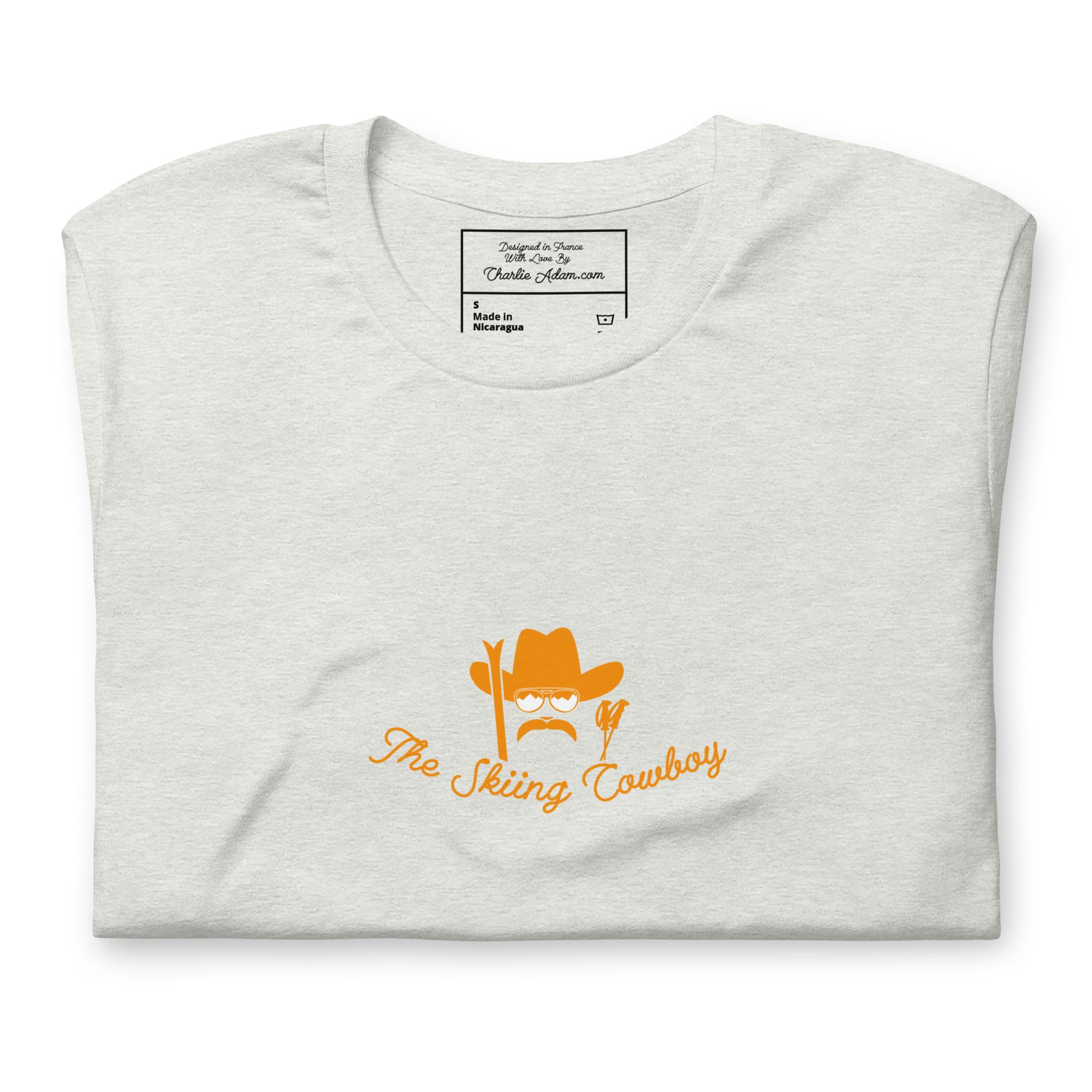 T-shirt en coton unisexe Skiing Cowboy (face) & Ski Fight at OK Corral Outline (dos) sur couleurs chinées claires