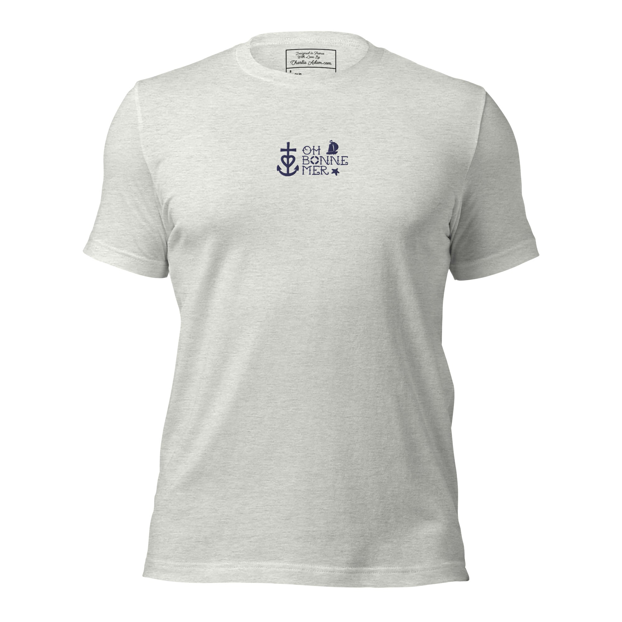 T-shirt en coton unisexe Oh Bonne Mer 2 navy brodé sur couleurs chinées claires