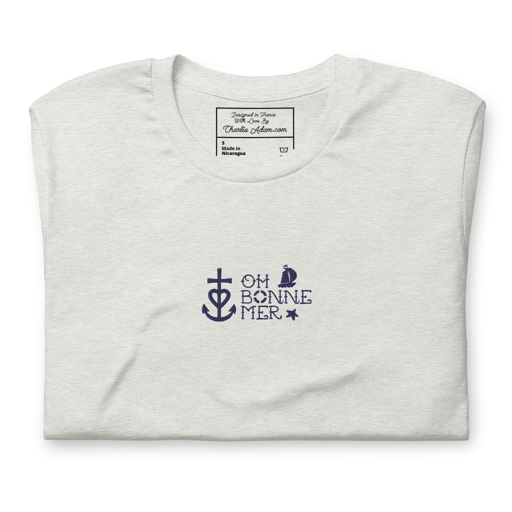 T-shirt en coton unisexe Oh Bonne Mer 2 navy brodé sur couleurs chinées claires
