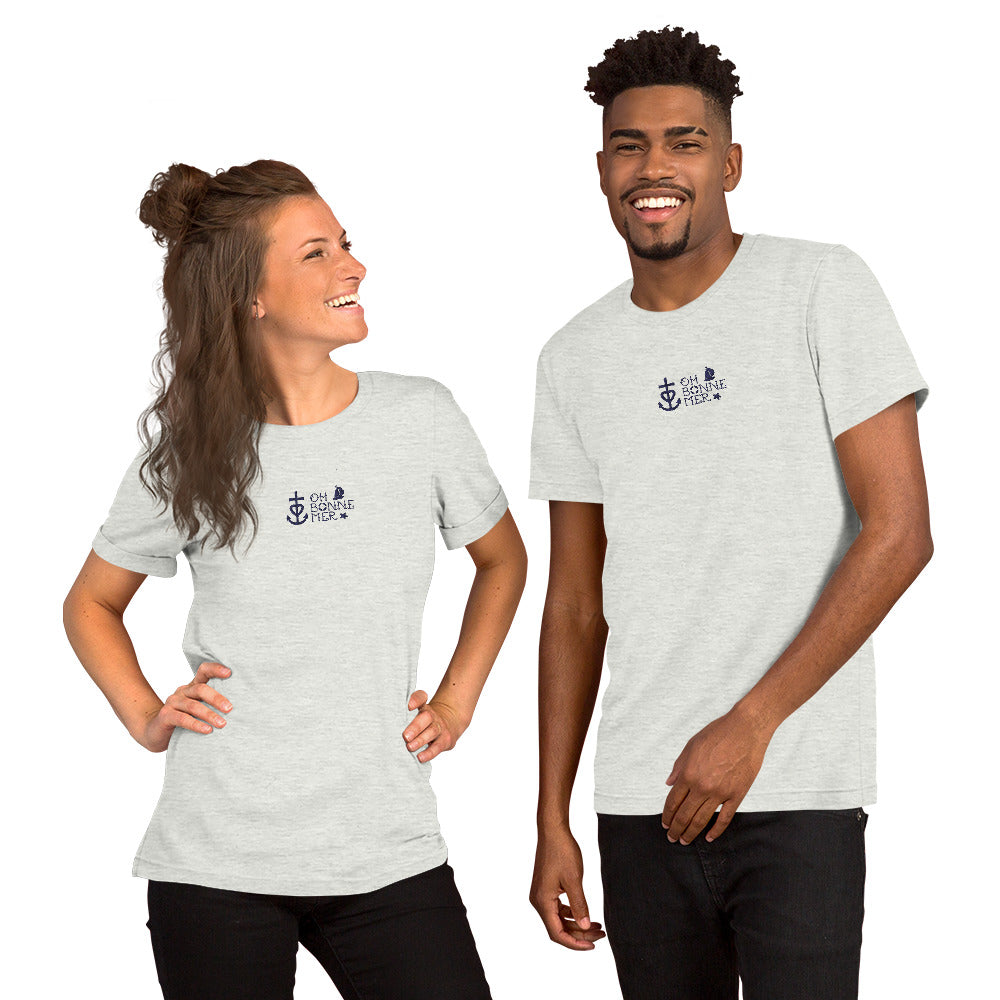 T-shirt en coton unisexe Oh Bonne Mer 2 navy brodé sur couleurs chinées claires