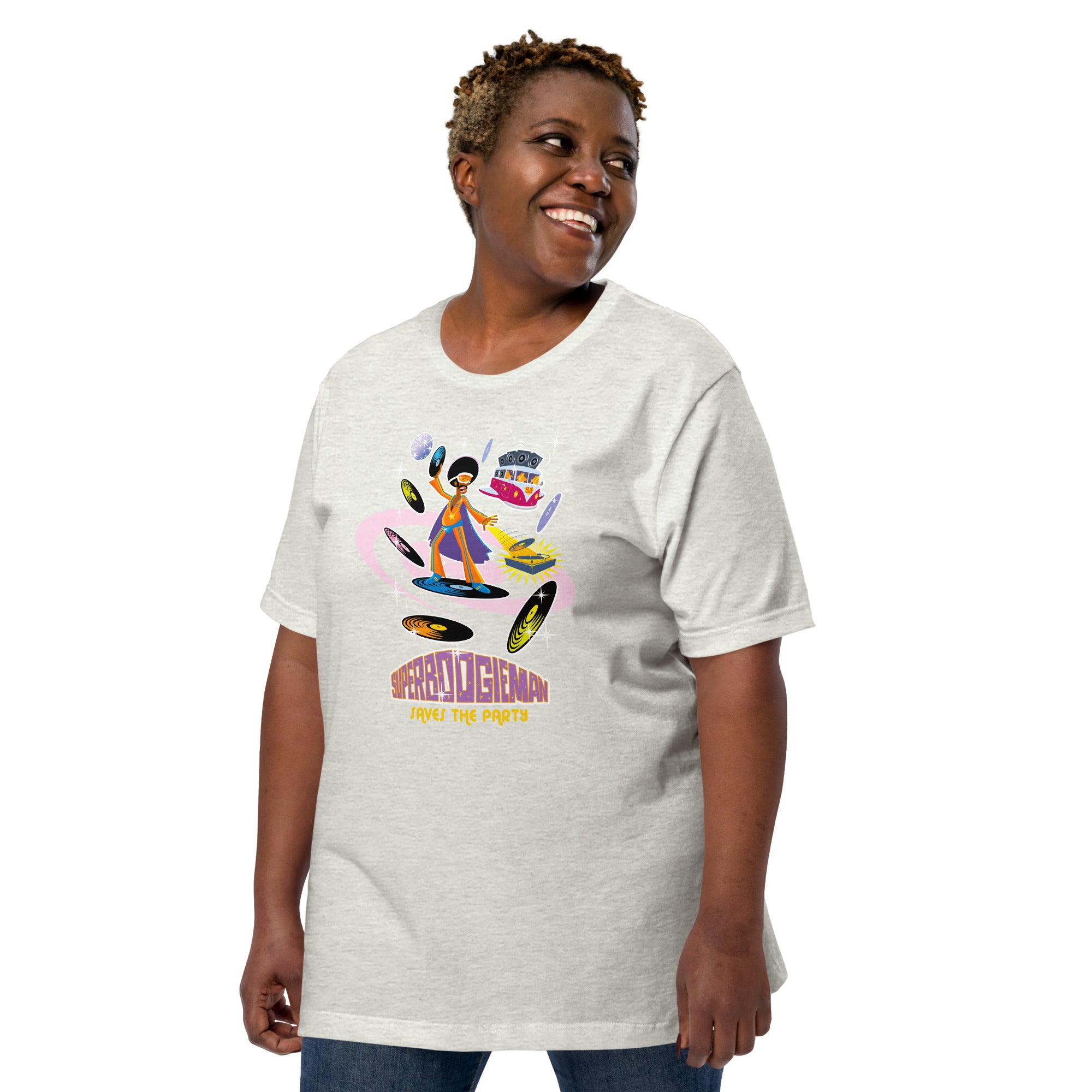 Unisex t-shirt Superboogieman saves the Party on light heather colors