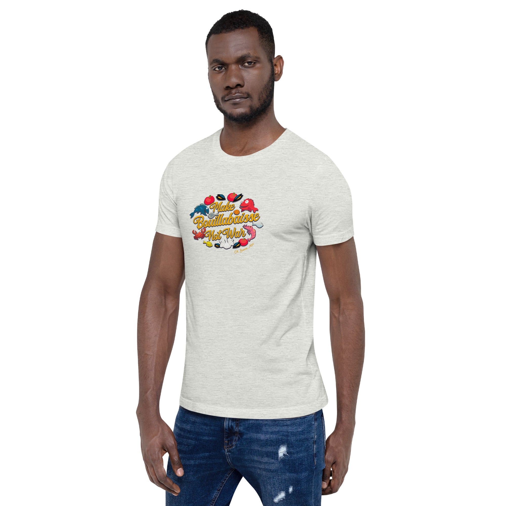 T-shirt en coton unisexe Make Bouillabaisse Not War sur couleurs chinées claires
