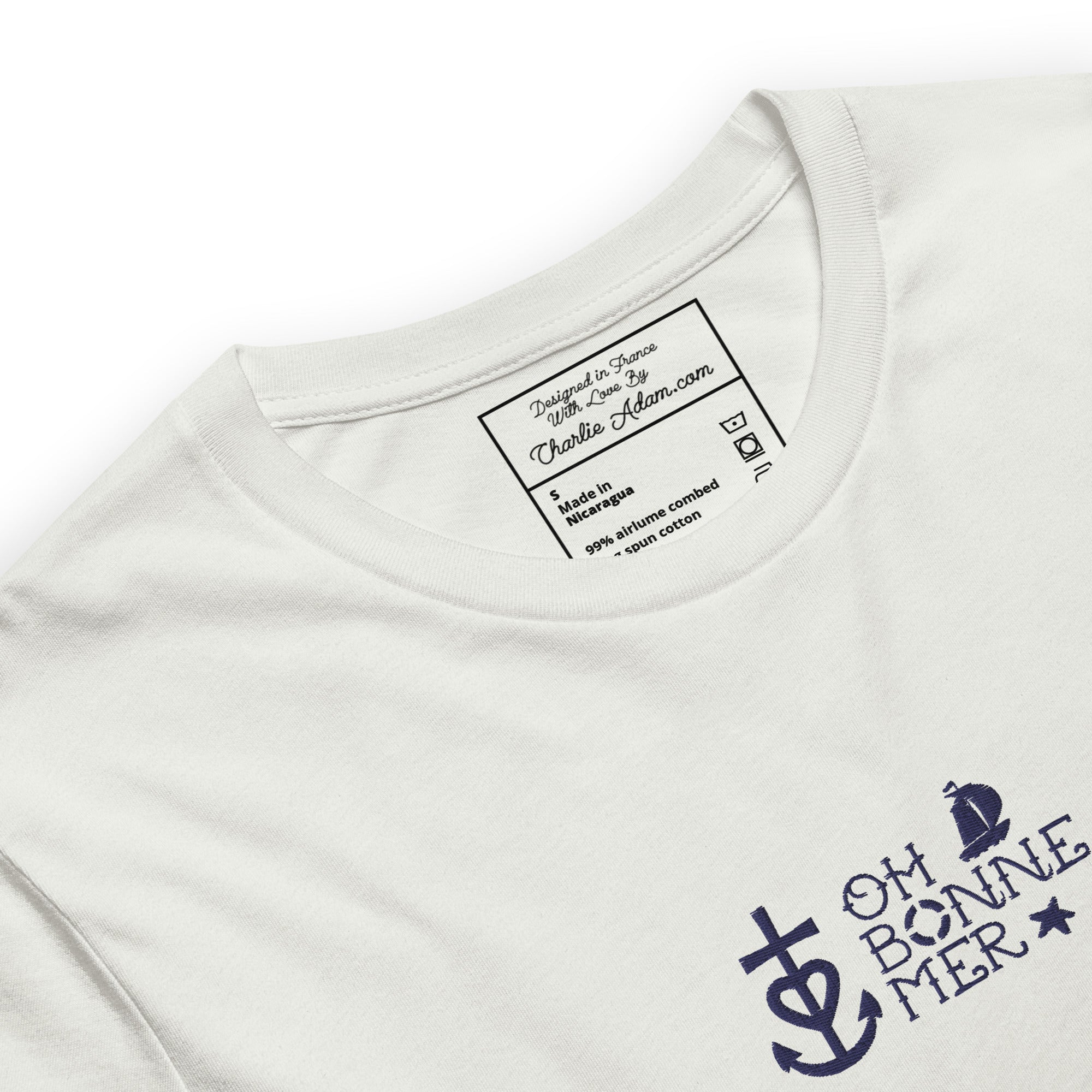 T-shirt en coton unisexe Oh Bonne Mer 2 navy brodé sur couleurs chinées claires