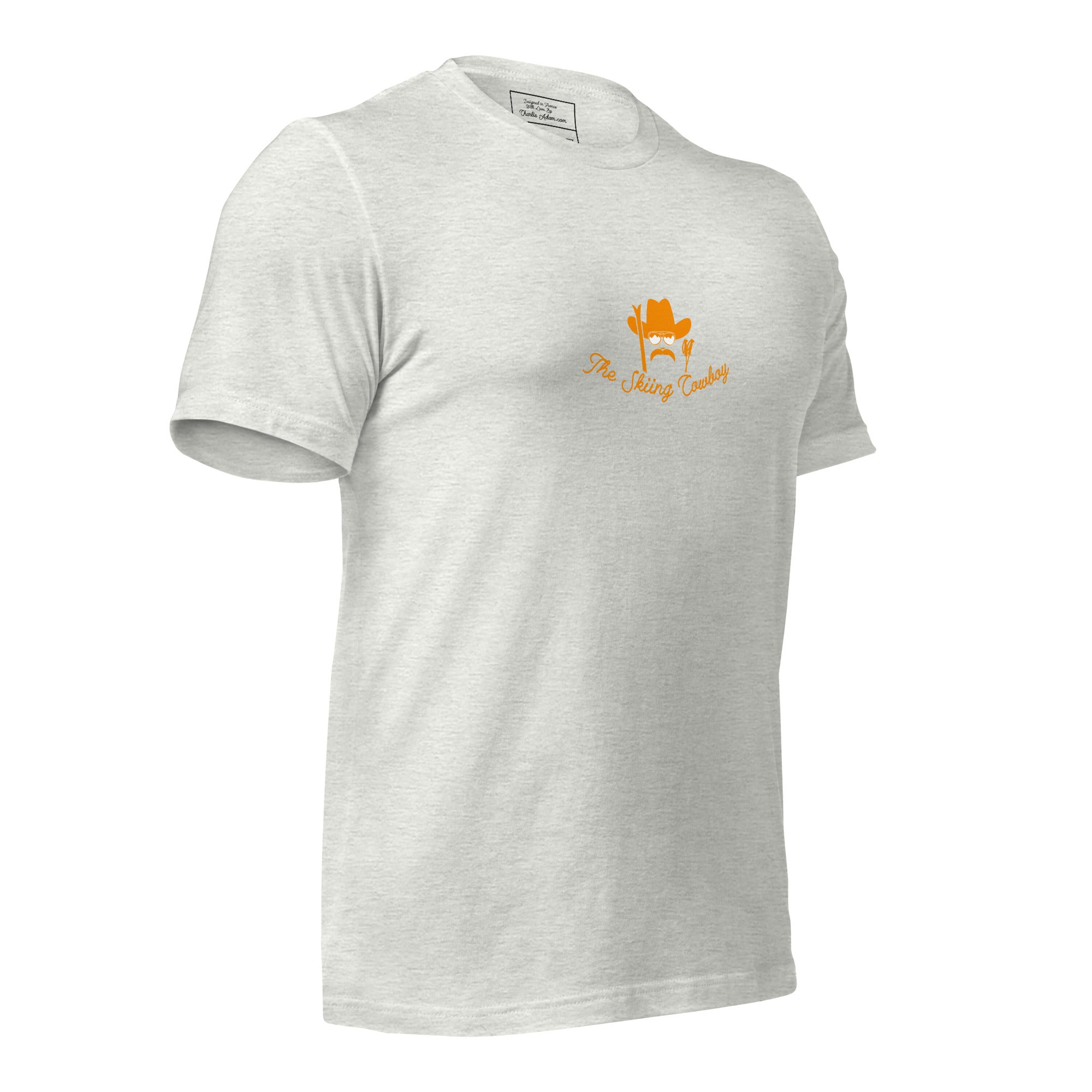 T-shirt en coton unisexe Skiing Cowboy (face) & Ski Fight at OK Corral Outline (dos) sur couleurs chinées claires