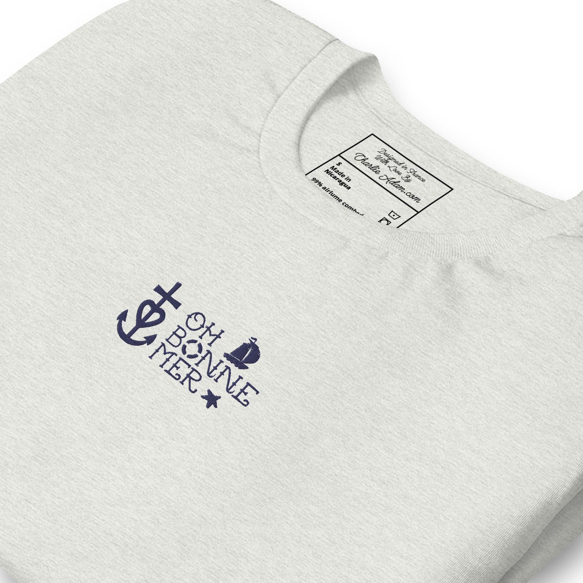 T-shirt en coton unisexe Oh Bonne Mer 2 navy brodé sur couleurs chinées claires