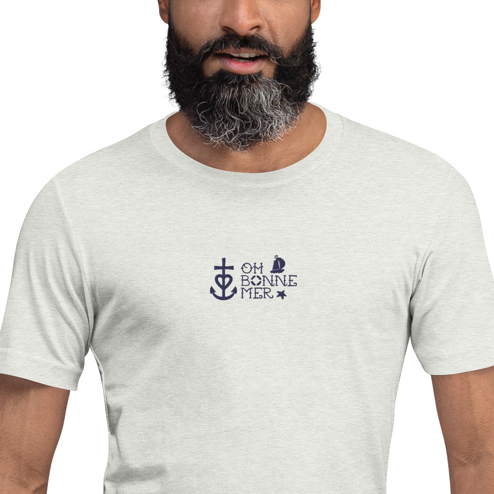 T-shirt en coton unisexe Oh Bonne Mer 2 navy brodé sur couleurs chinées claires