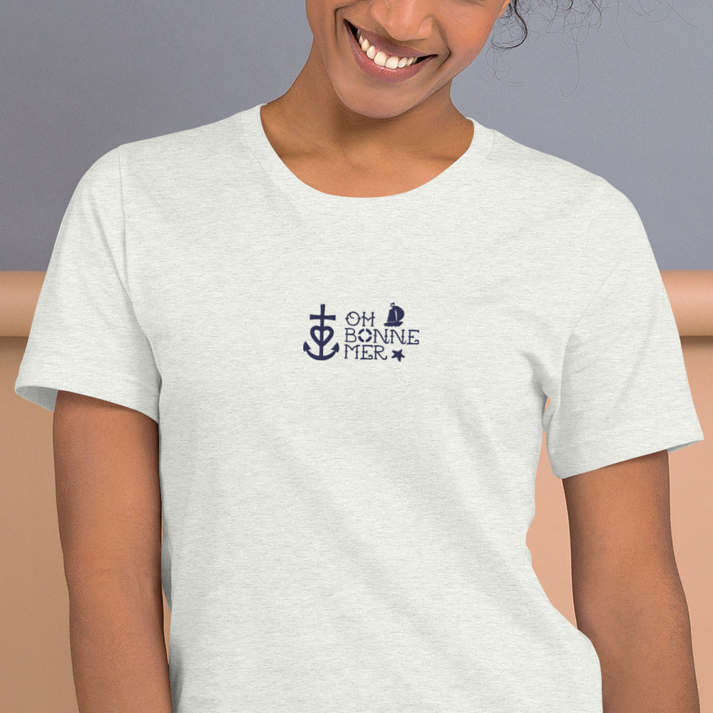 T-shirt en coton unisexe Oh Bonne Mer 2 navy brodé sur couleurs chinées claires