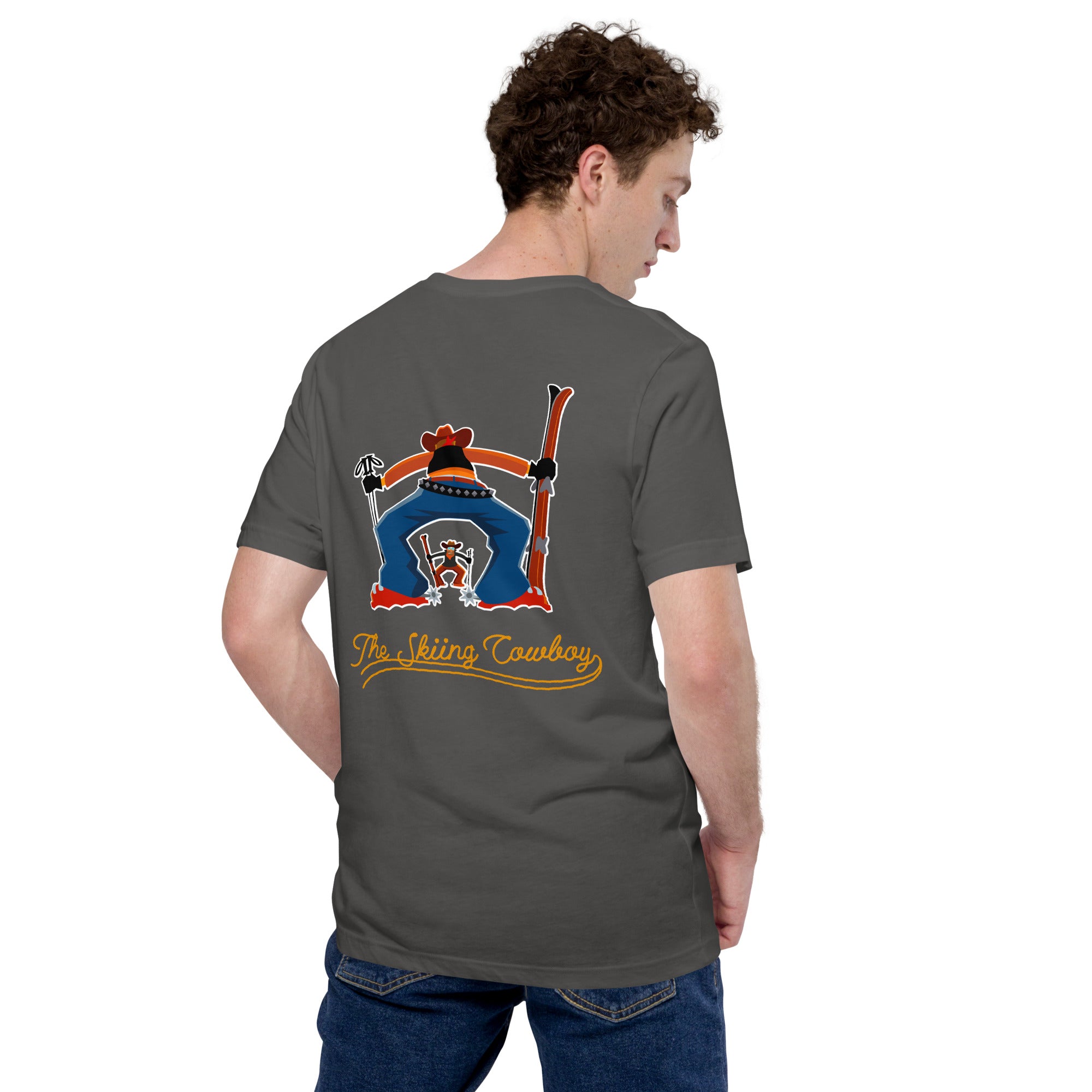 T-shirt en coton unisexe Skiing Cowboy (face) & Ski Fight at OK Corral Outline (dos) sur couleurs foncées
