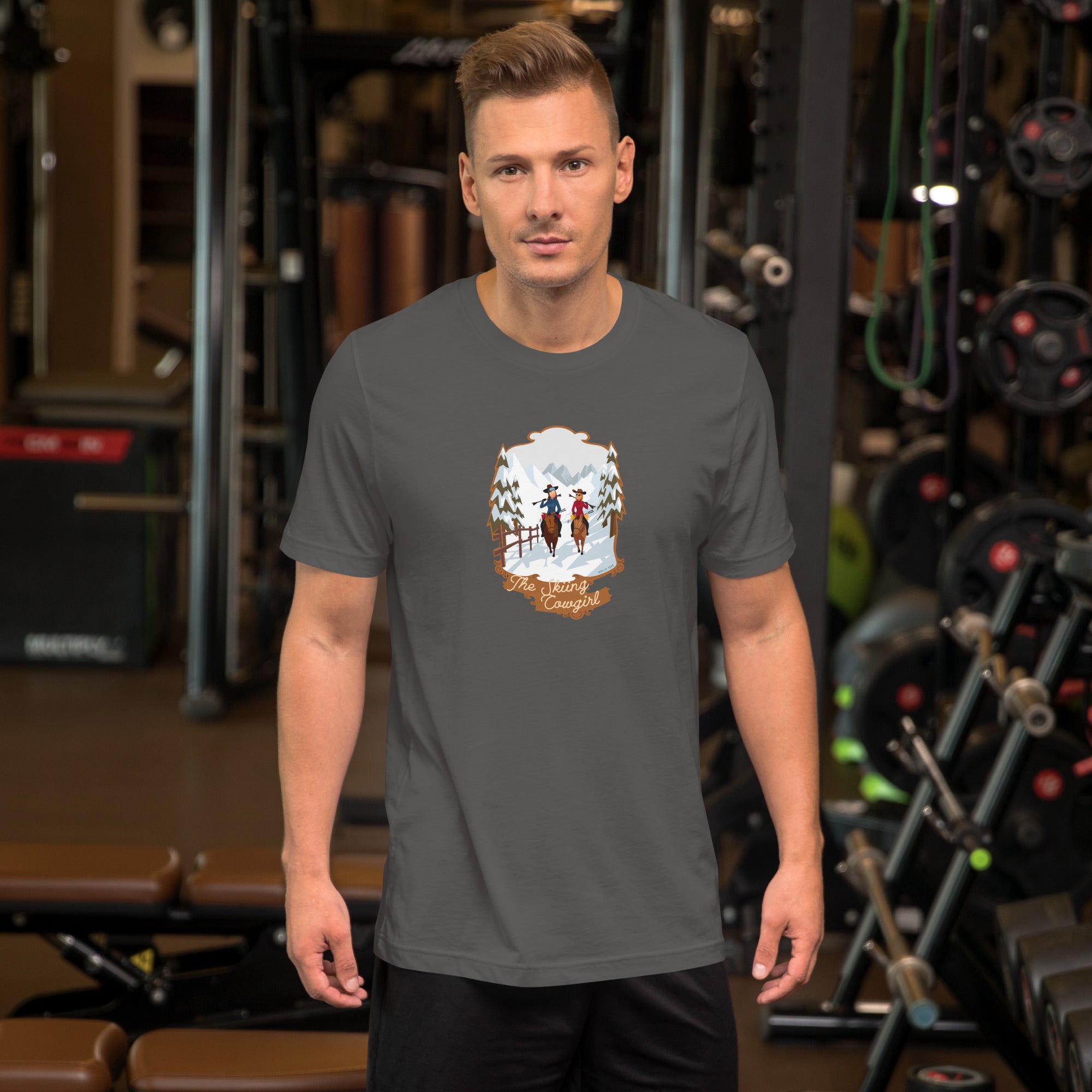 T-shirt en coton unisexe The Skiing Cowgirl sur couleurs foncées