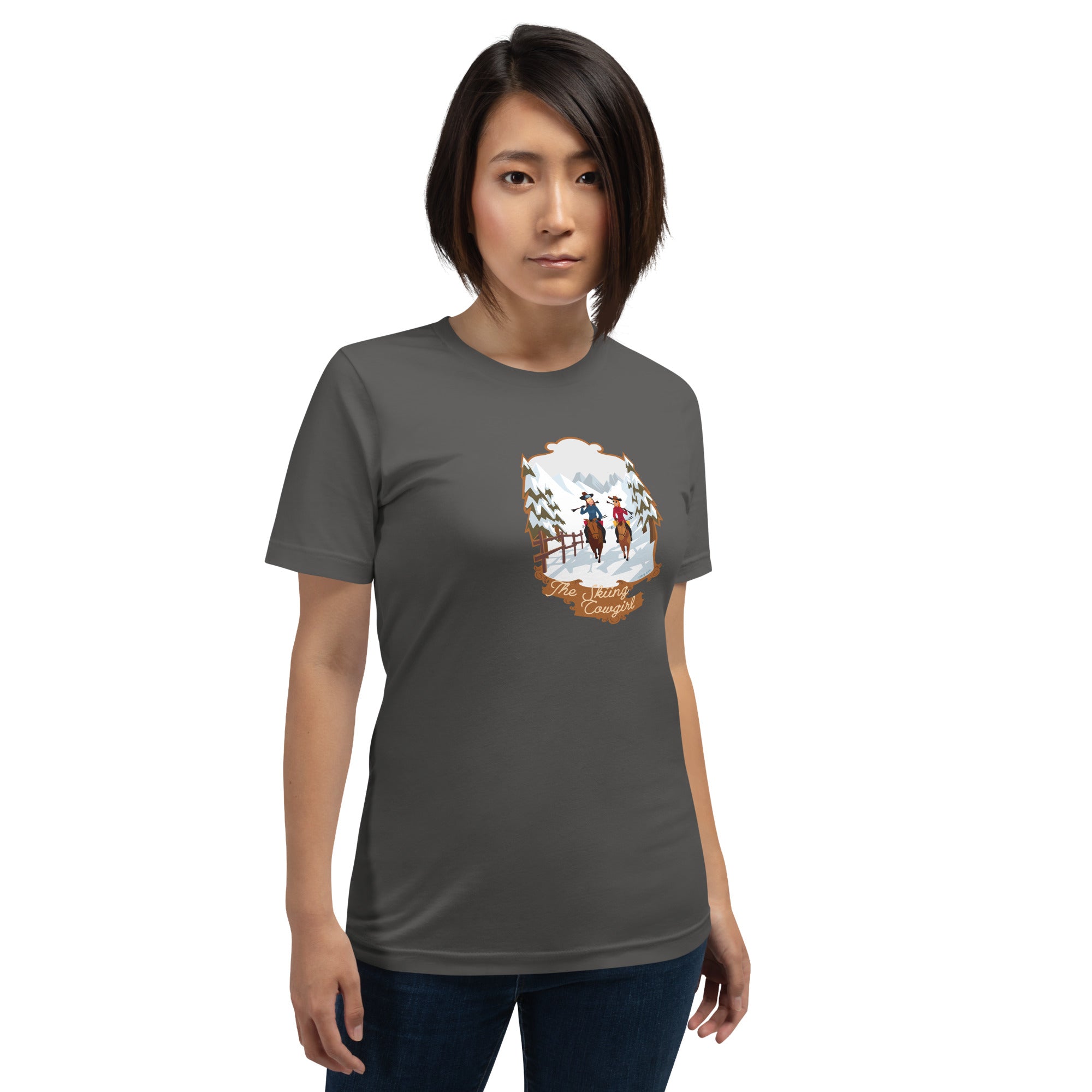 T-shirt en coton unisexe The Skiing Cowgirl sur couleurs foncées
