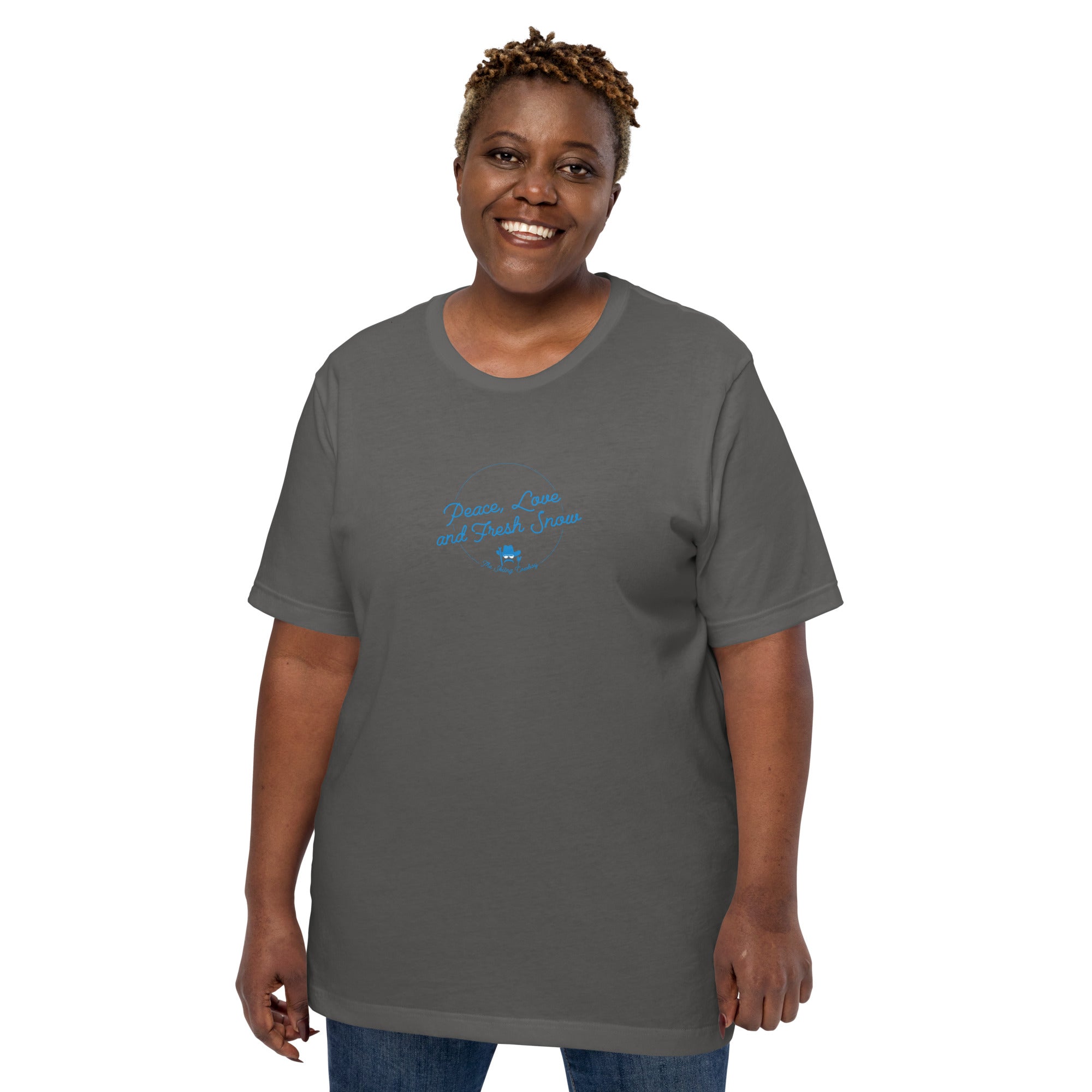 T-shirt en coton unisexe Peace, Love and Fresh Snow sur couleurs foncées