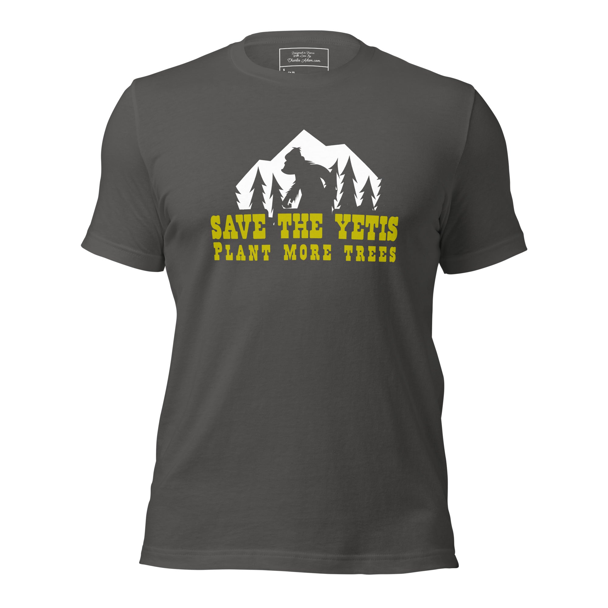 T-shirt en coton unisexe Save the Yetis Plant more Trees sur couleurs foncées