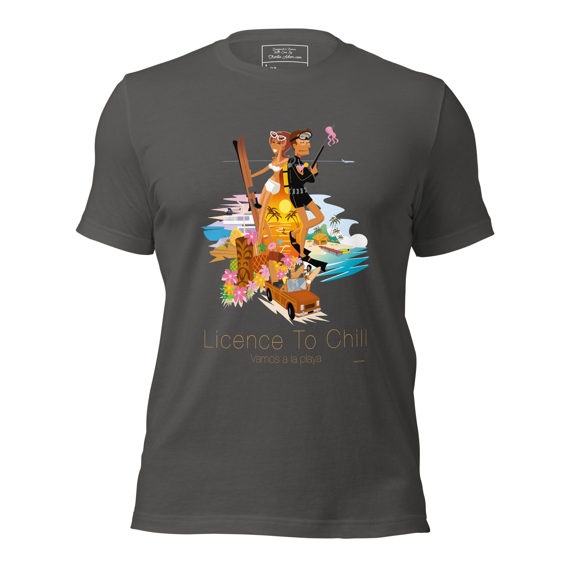 Unisex cotton t-shirt License to Chill Vamos a la Playa on dark colors