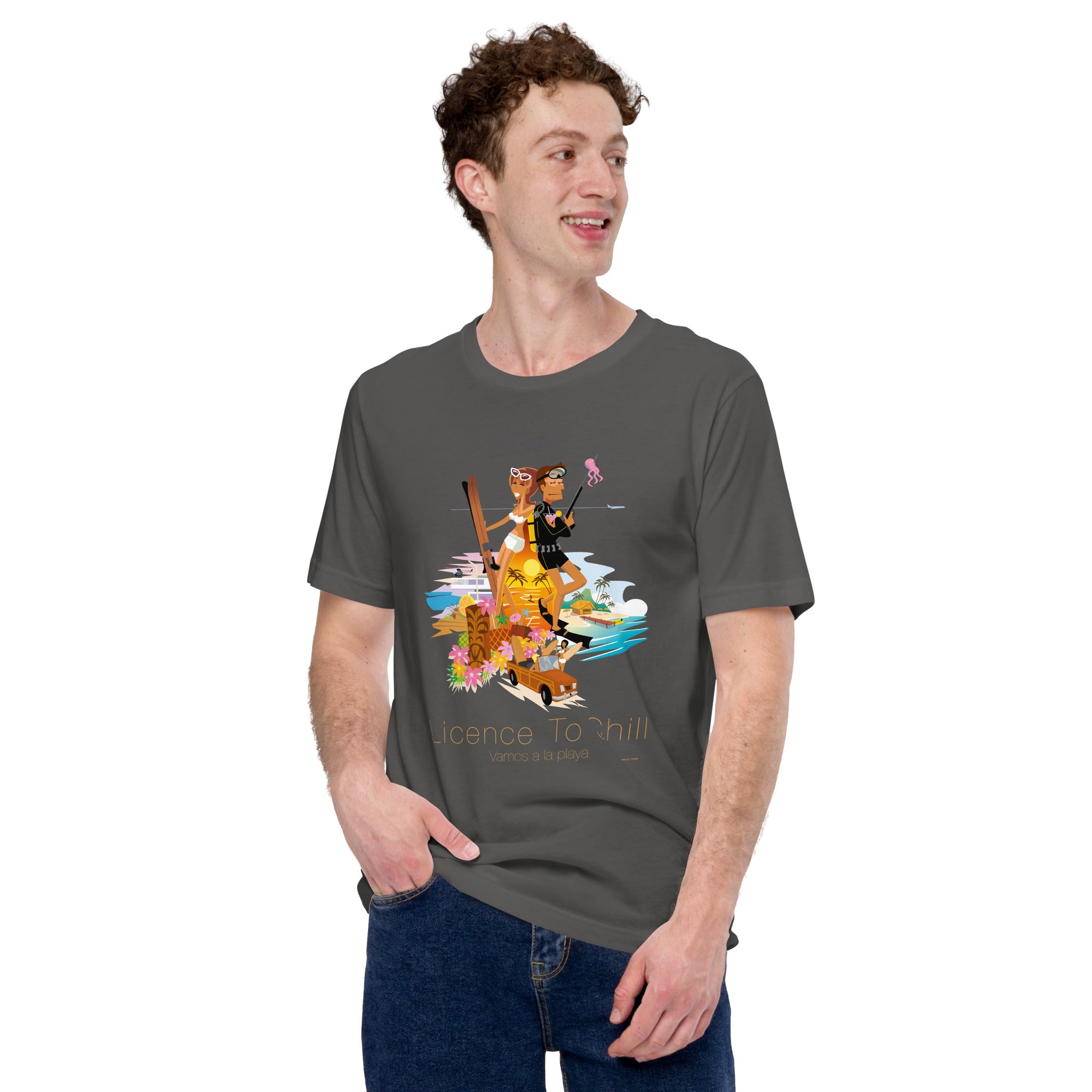 Unisex cotton t-shirt License to Chill Vamos a la Playa on dark colors