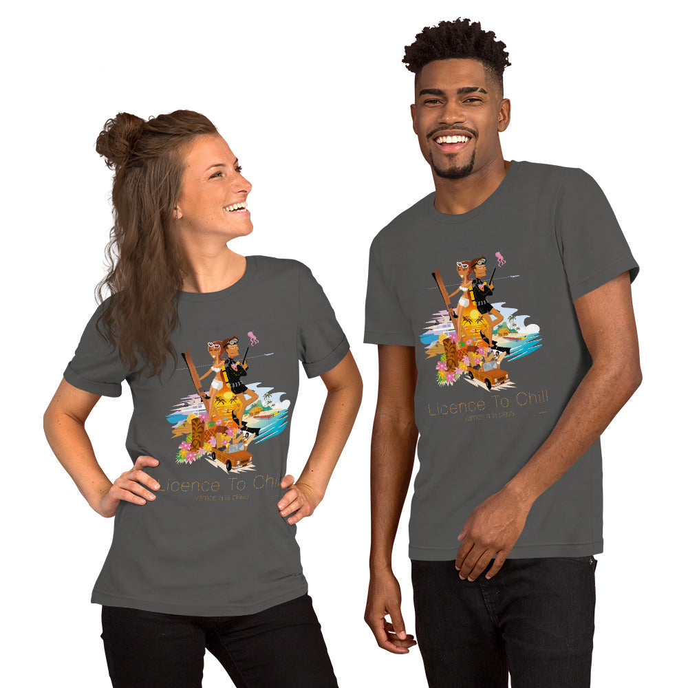 Unisex cotton t-shirt License to Chill Vamos a la Playa on dark colors