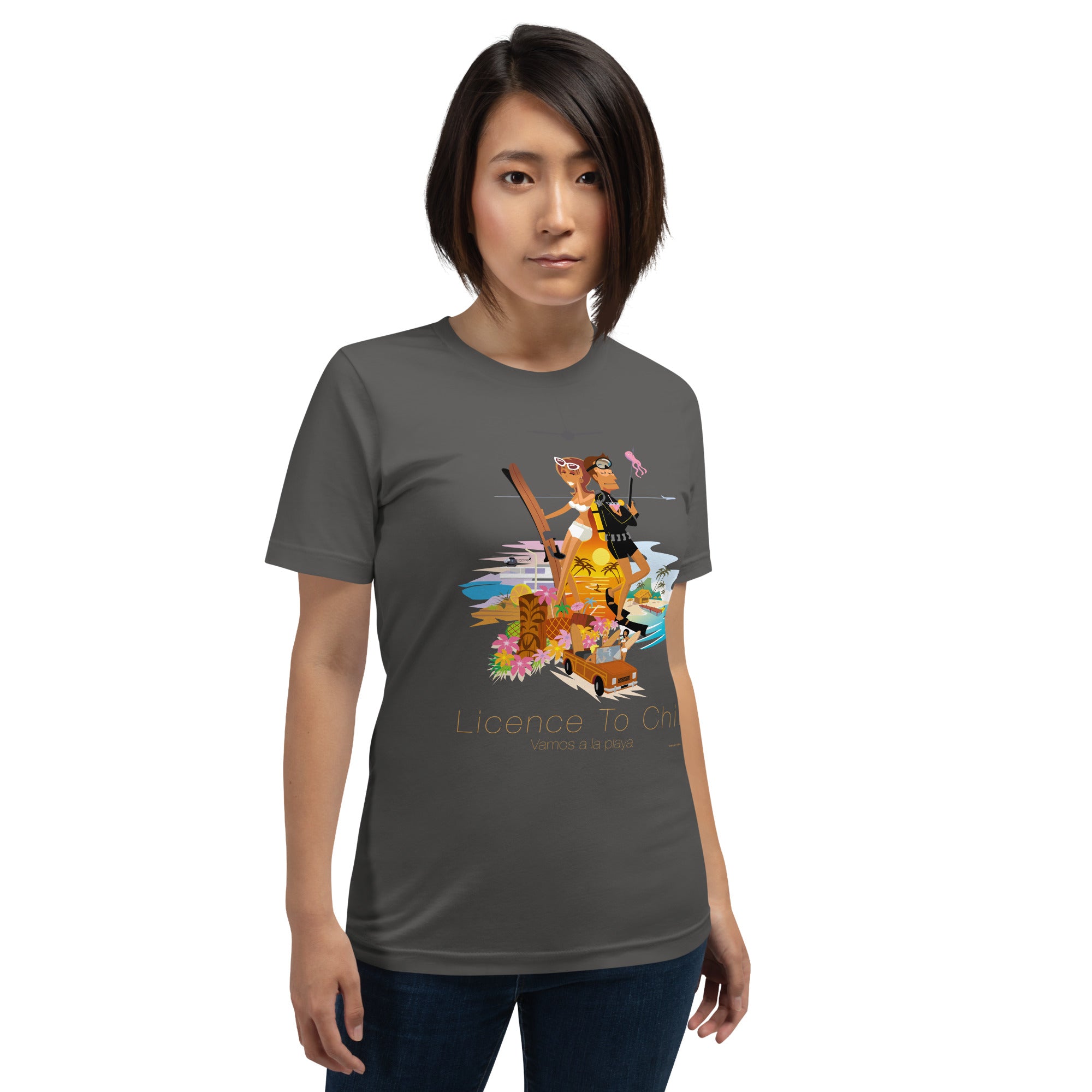 Unisex cotton t-shirt License to Chill Vamos a la Playa on dark colors