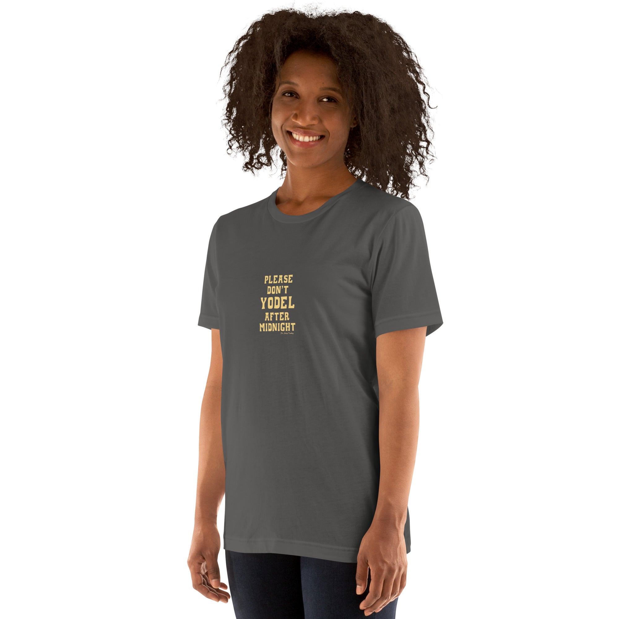 T-shirt en coton unisexe Don't Yodel After Midnight texte clair