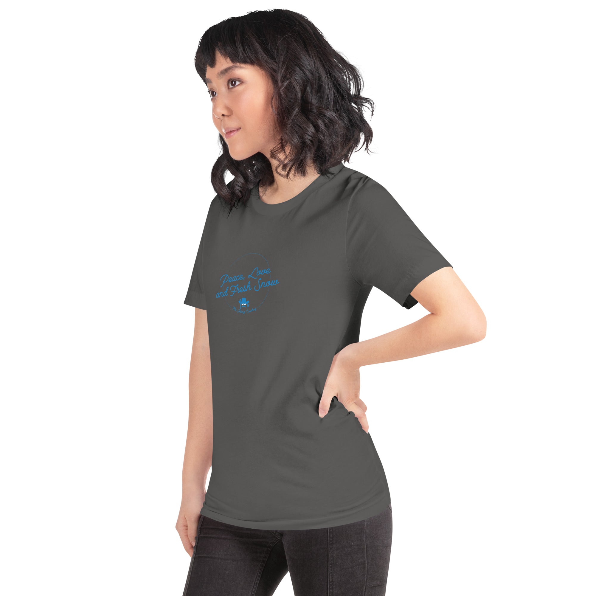 T-shirt en coton unisexe Peace, Love and Fresh Snow sur couleurs foncées