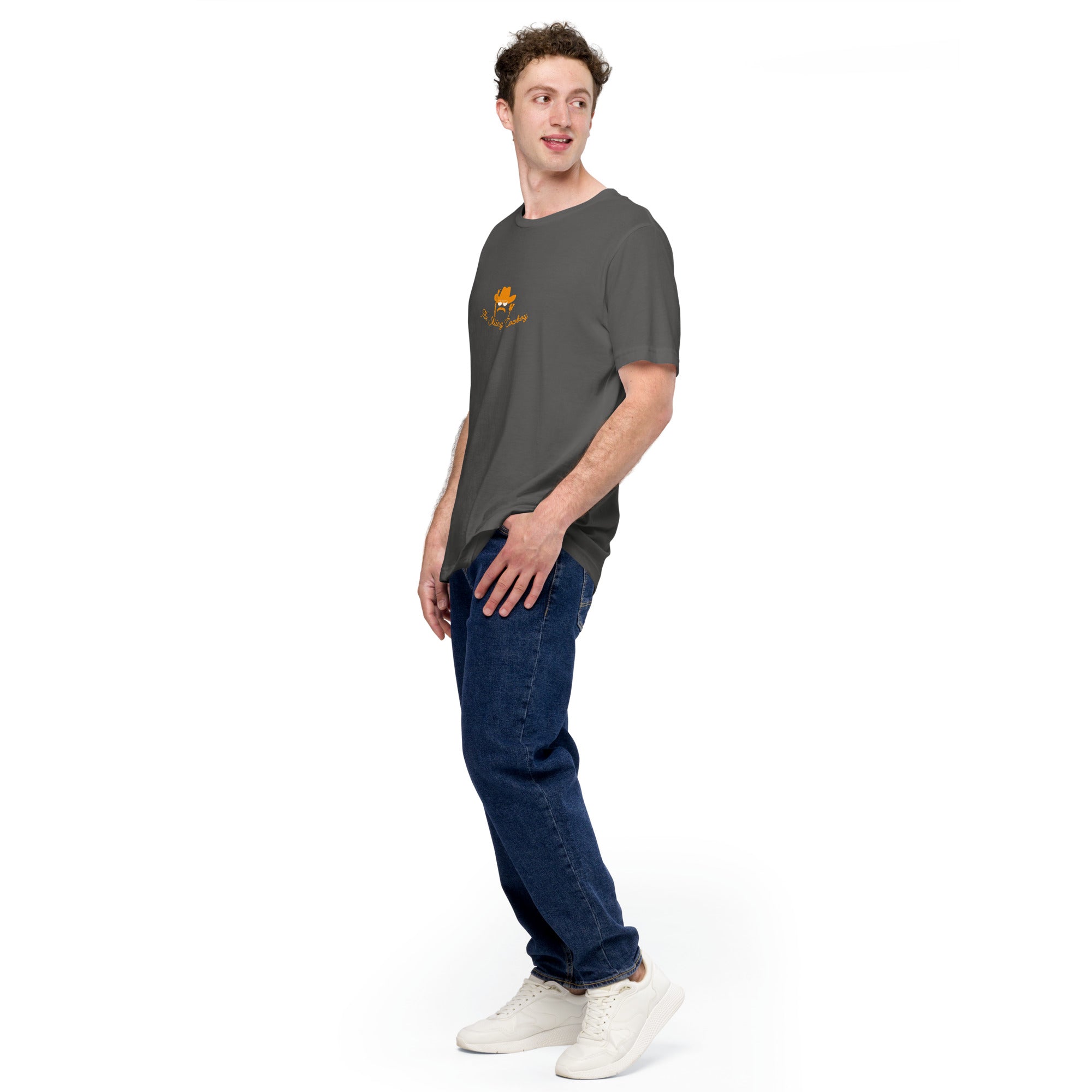 T-shirt en coton unisexe Skiing Cowboy (face) & Ski Fight at OK Corral Outline (dos) sur couleurs foncées