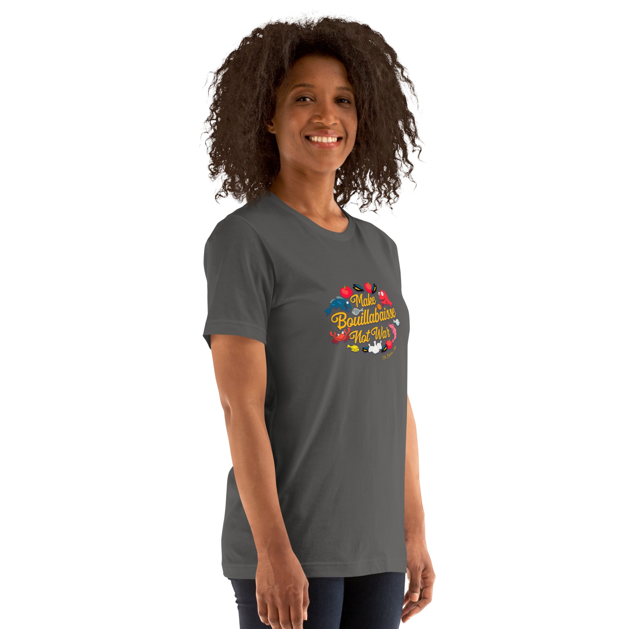 T-shirt en coton unisexe Make Bouillabaisse Not War sur couleurs foncées
