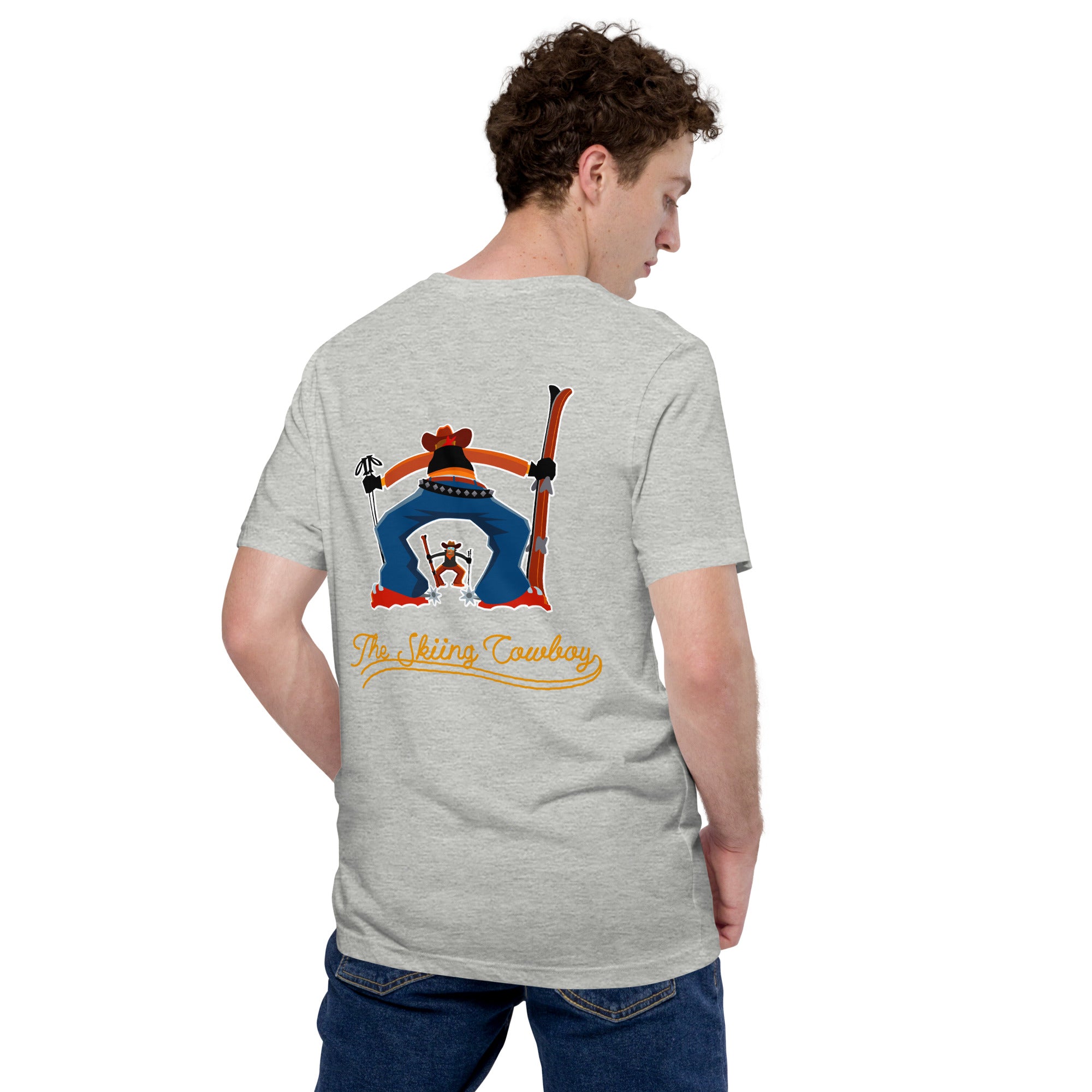 Unisex t-shirt Skiing Cowboy (front) & Ski Fight at OK Corral Outline (back) on light heather colors