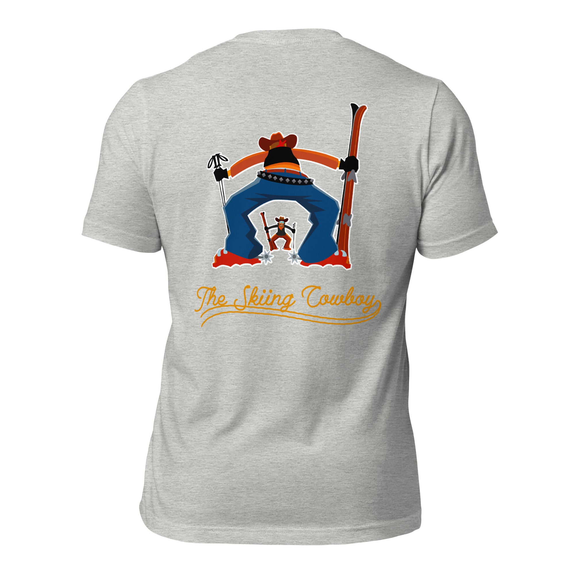 T-shirt en coton unisexe Skiing Cowboy (face) & Ski Fight at OK Corral Outline (dos) sur couleurs chinées claires