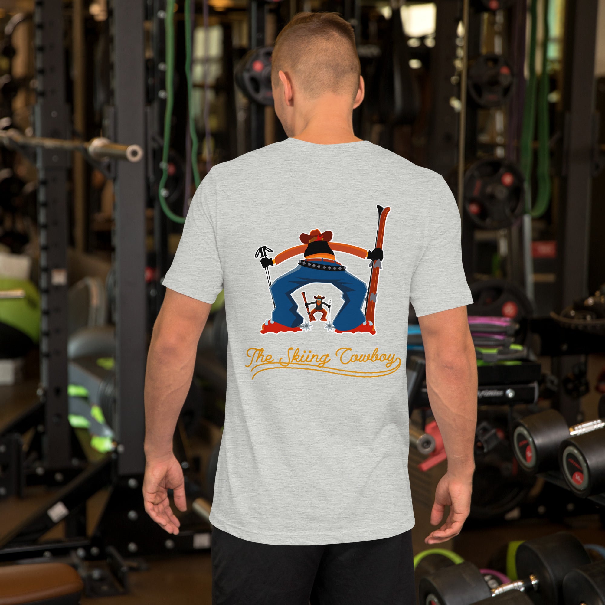 T-shirt en coton unisexe Skiing Cowboy (face) & Ski Fight at OK Corral Outline (dos) sur couleurs chinées claires