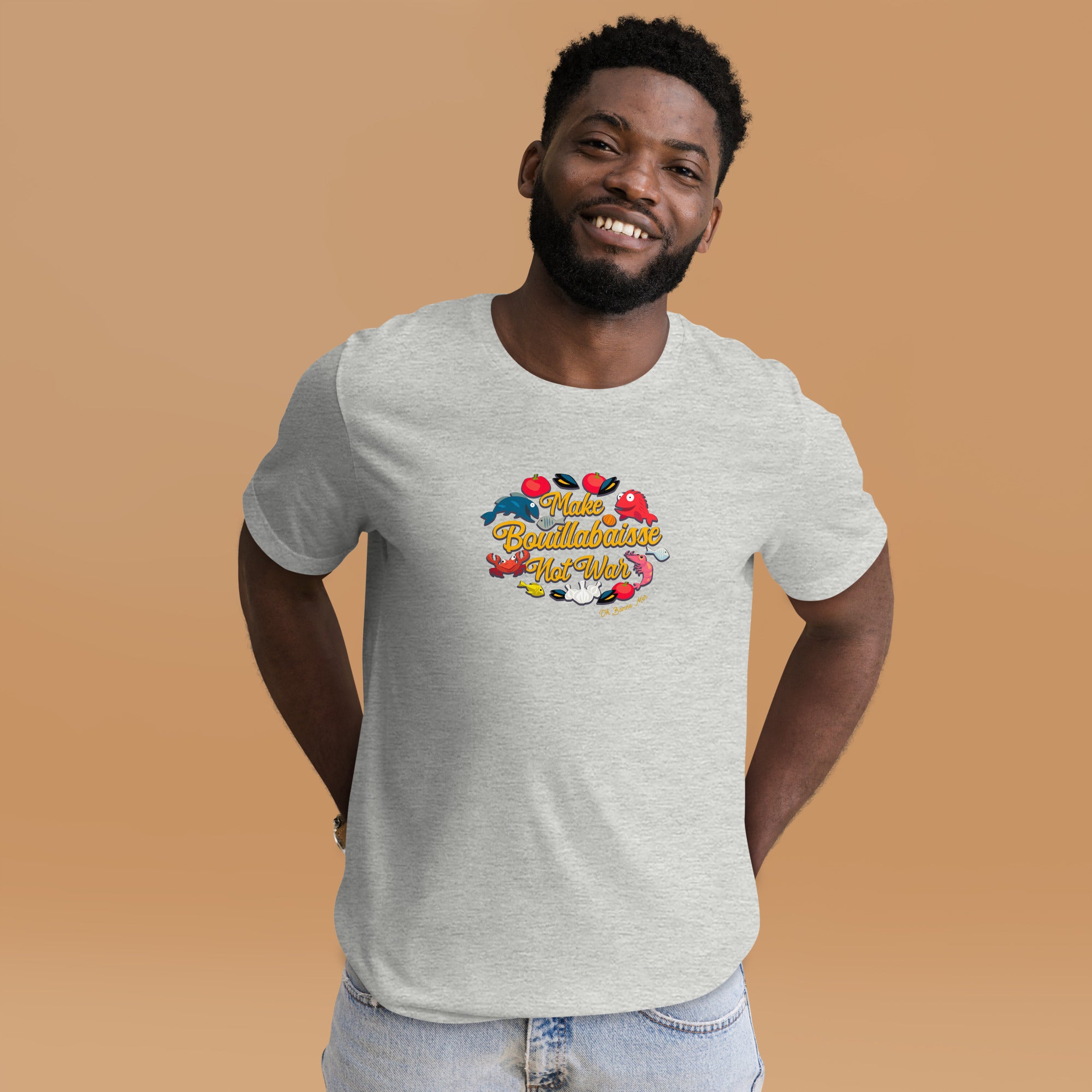 T-shirt en coton unisexe Make Bouillabaisse Not War sur couleurs chinées claires