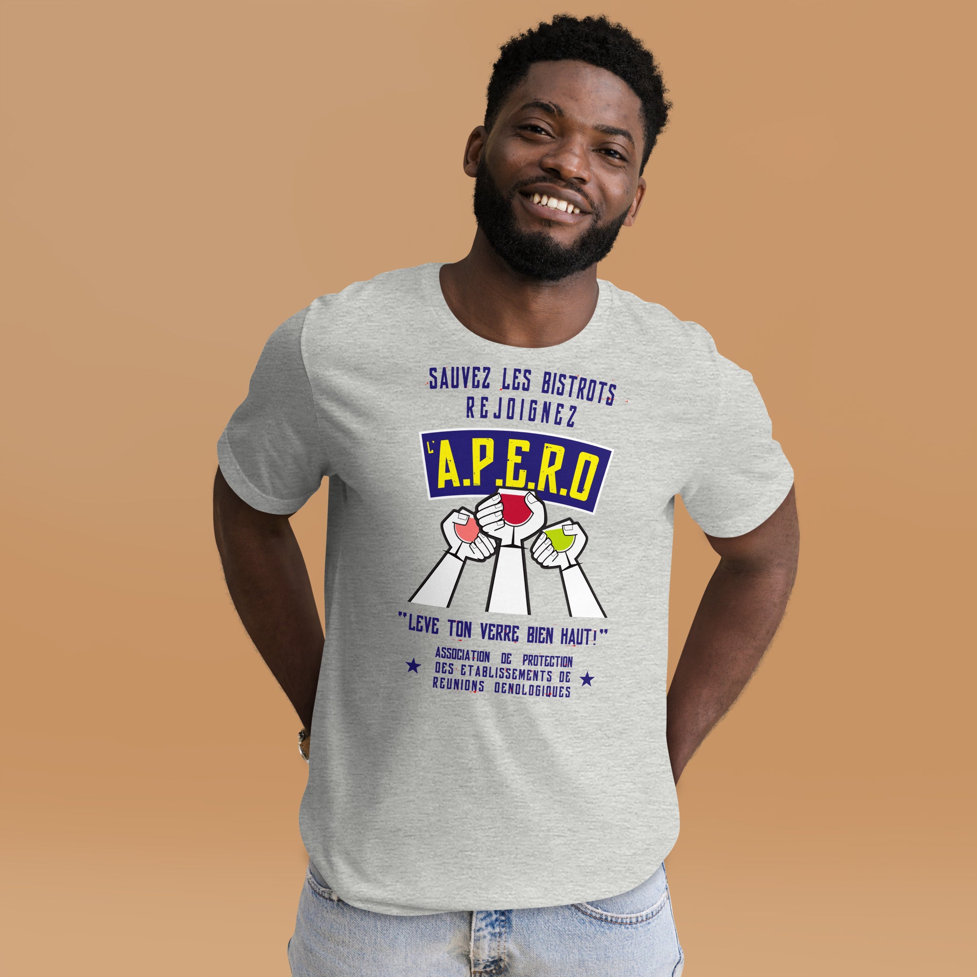 Unisex cotton t-shirt Sauvez les Bistrots, rejoignez l'Apéro on light heather colors