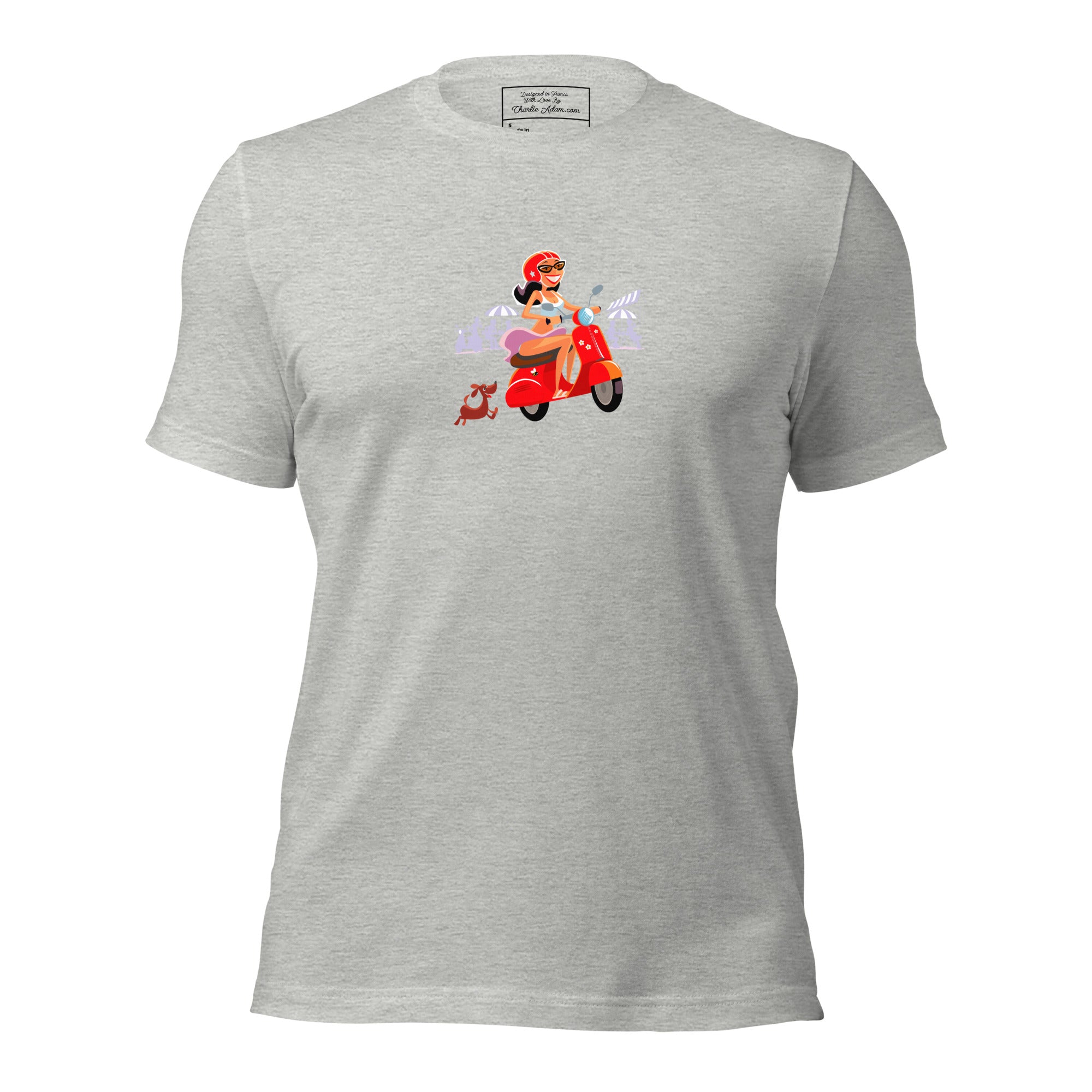 T-shirt en coton unisexe Vespa Girl in St Tropez sur couleurs chinées claires
