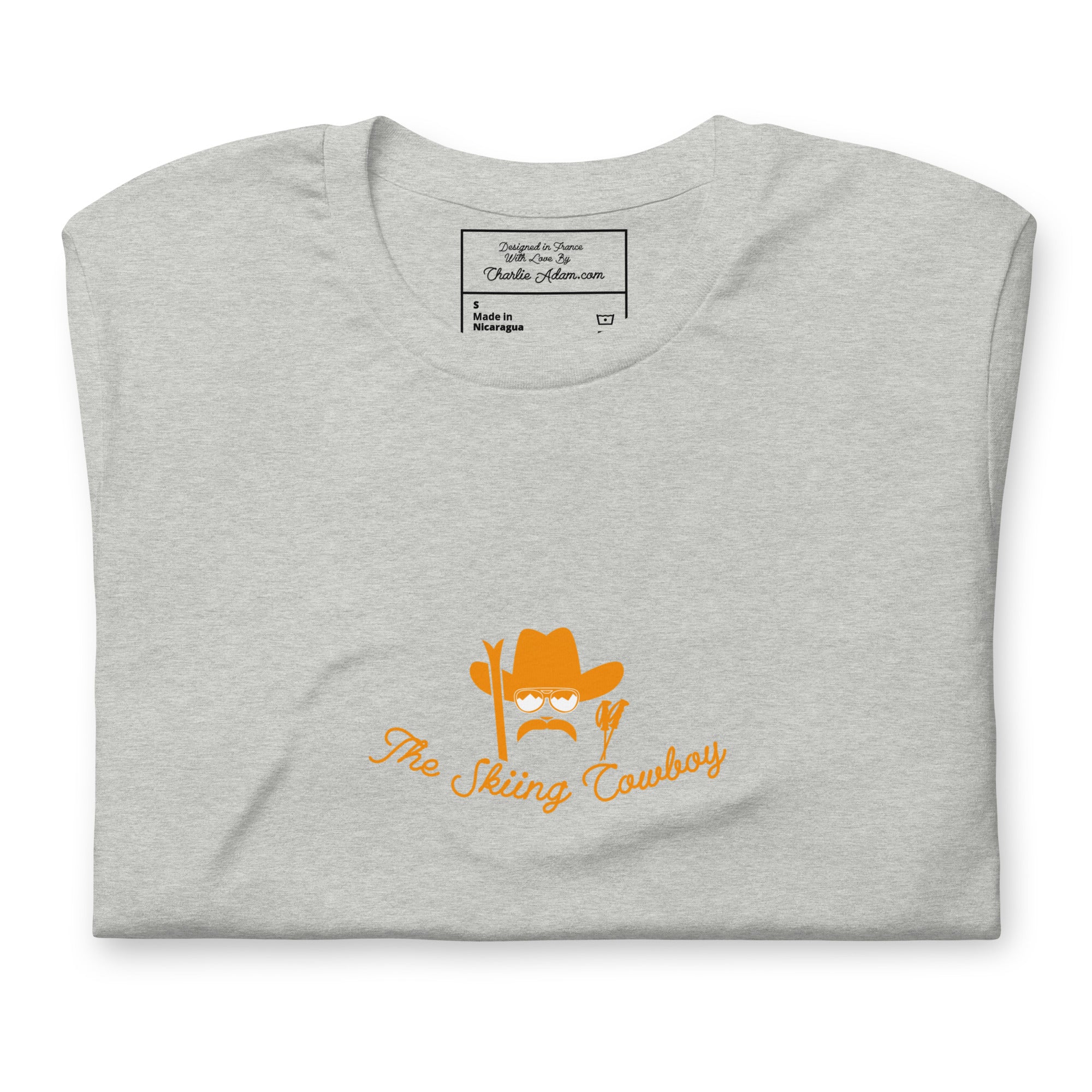 T-shirt en coton unisexe Skiing Cowboy (face) & Ski Fight at OK Corral Outline (dos) sur couleurs chinées claires