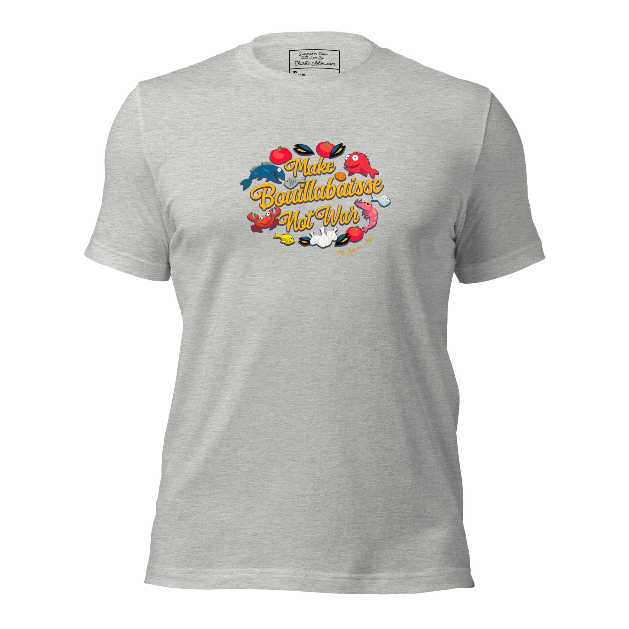 T-shirt en coton unisexe Make Bouillabaisse Not War sur couleurs chinées claires