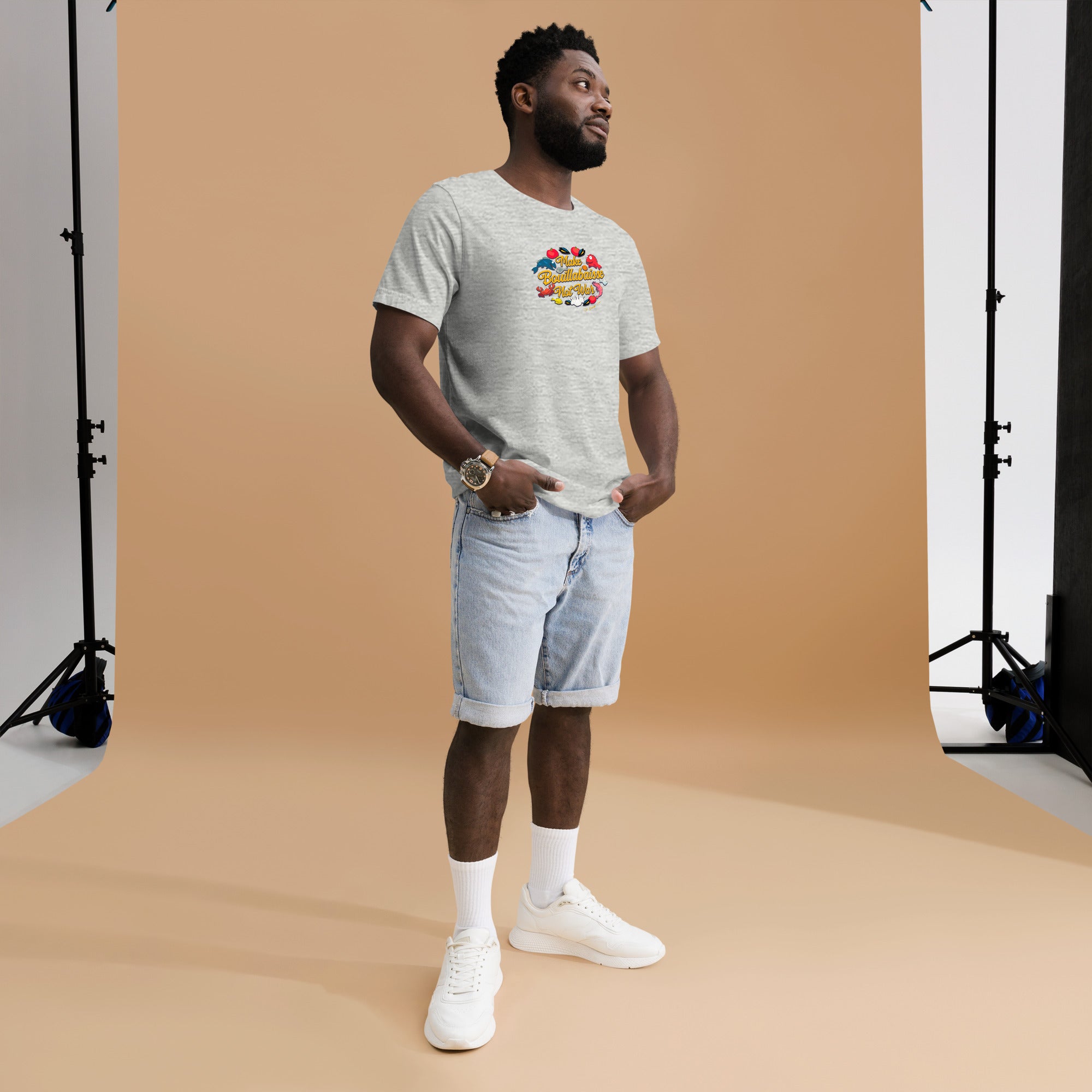 T-shirt en coton unisexe Make Bouillabaisse Not War sur couleurs chinées claires