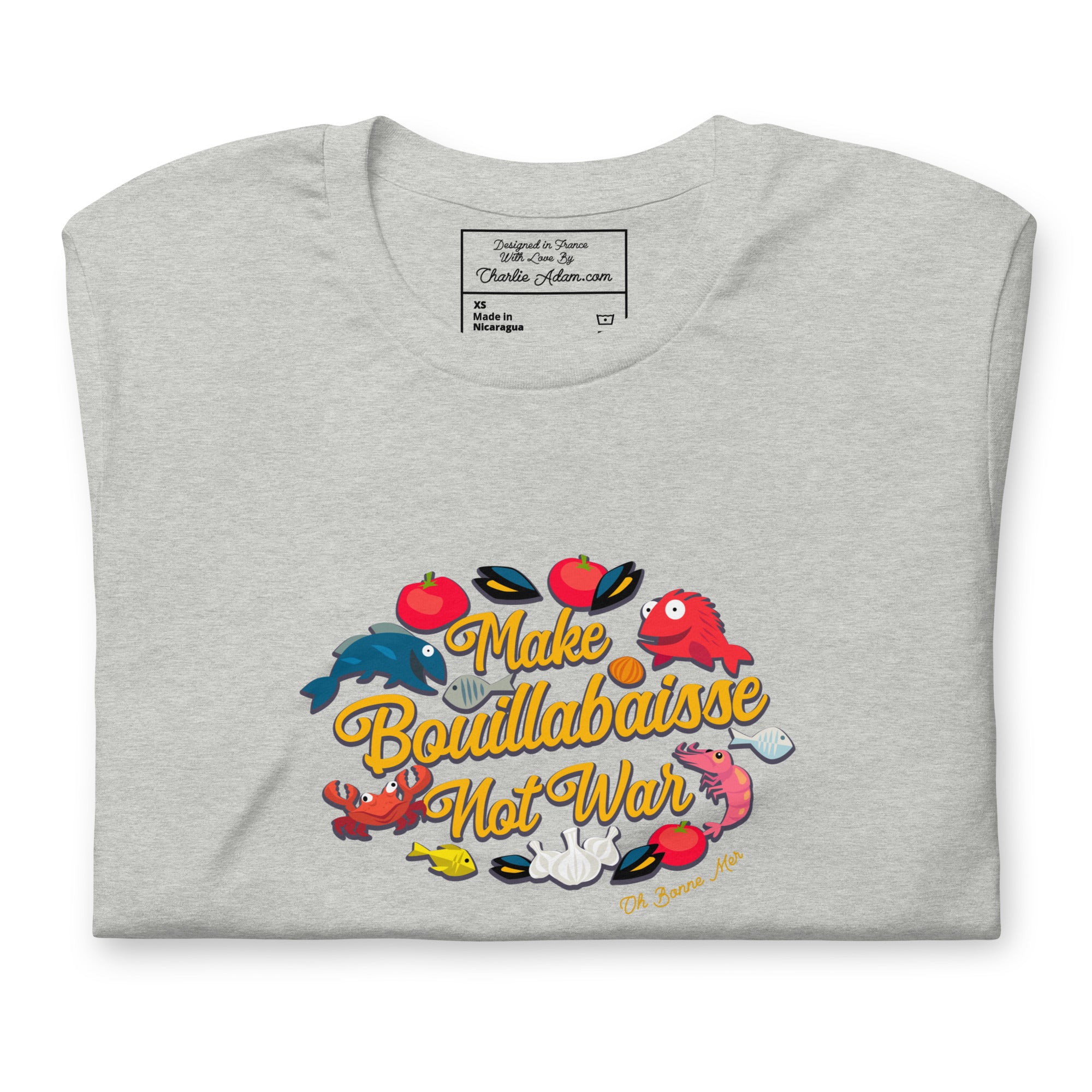 T-shirt en coton unisexe Make Bouillabaisse Not War sur couleurs chinées claires