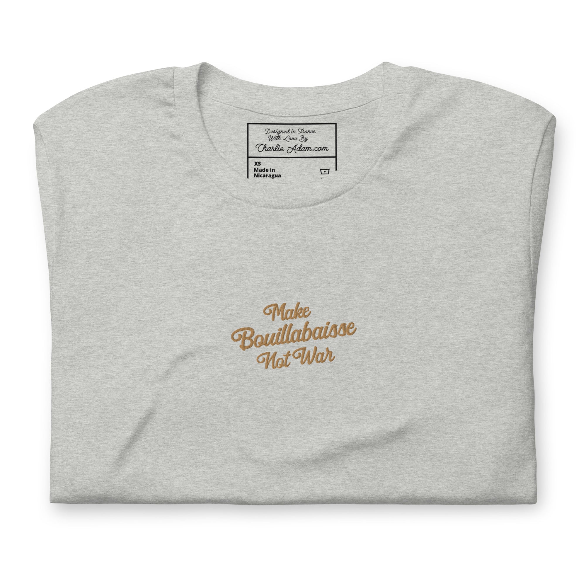 Unisex t-shirt Make Bouillabaisse Not War Text Only old gold embroidered pattern on light heather colors