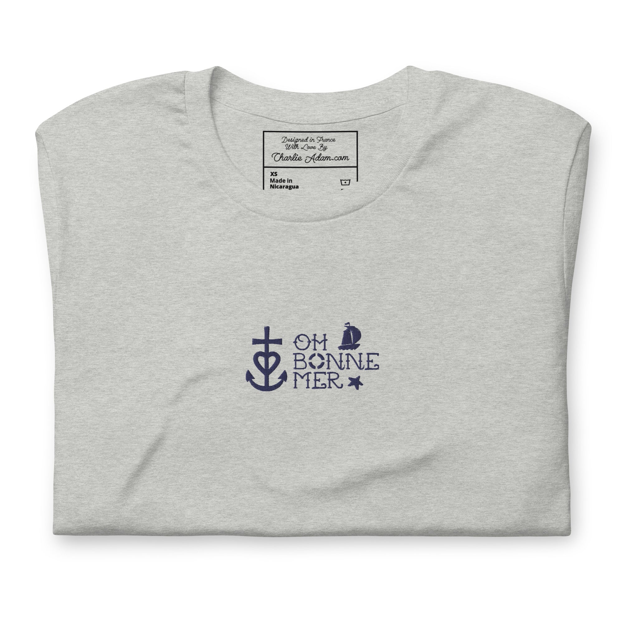 T-shirt en coton unisexe Oh Bonne Mer 2 navy brodé sur couleurs chinées claires