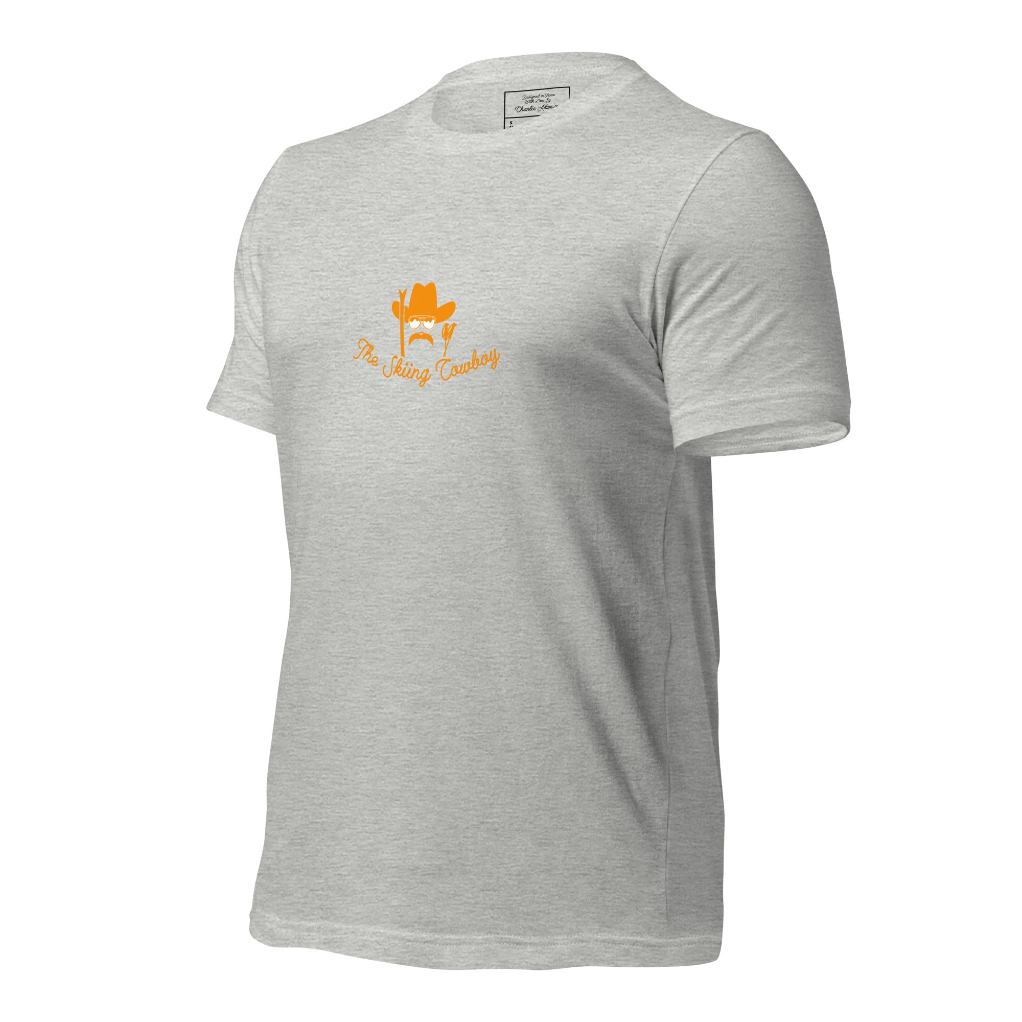 T-shirt en coton unisexe Skiing Cowboy (face) & Ski Fight at OK Corral Outline (dos) sur couleurs chinées claires