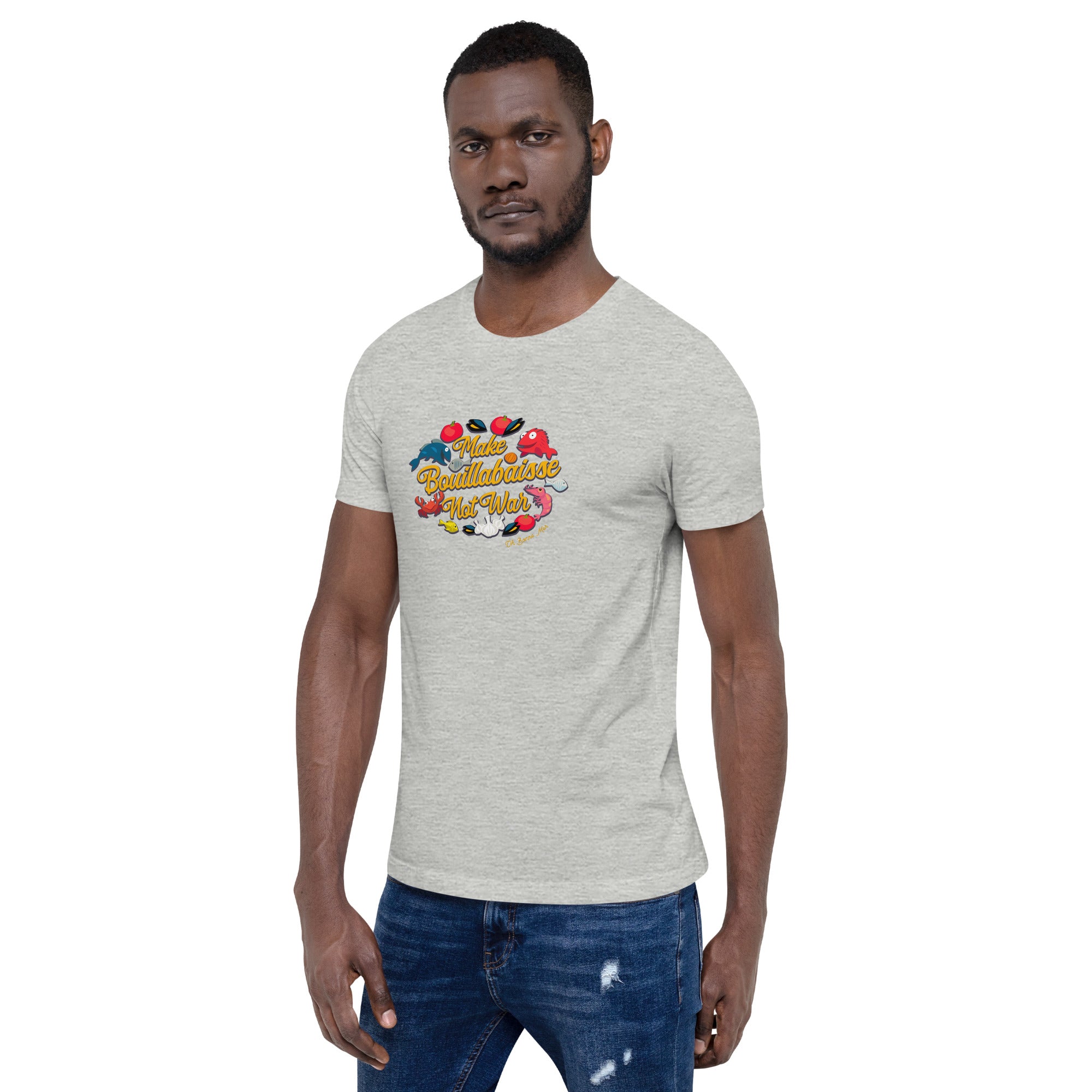 T-shirt en coton unisexe Make Bouillabaisse Not War sur couleurs chinées claires