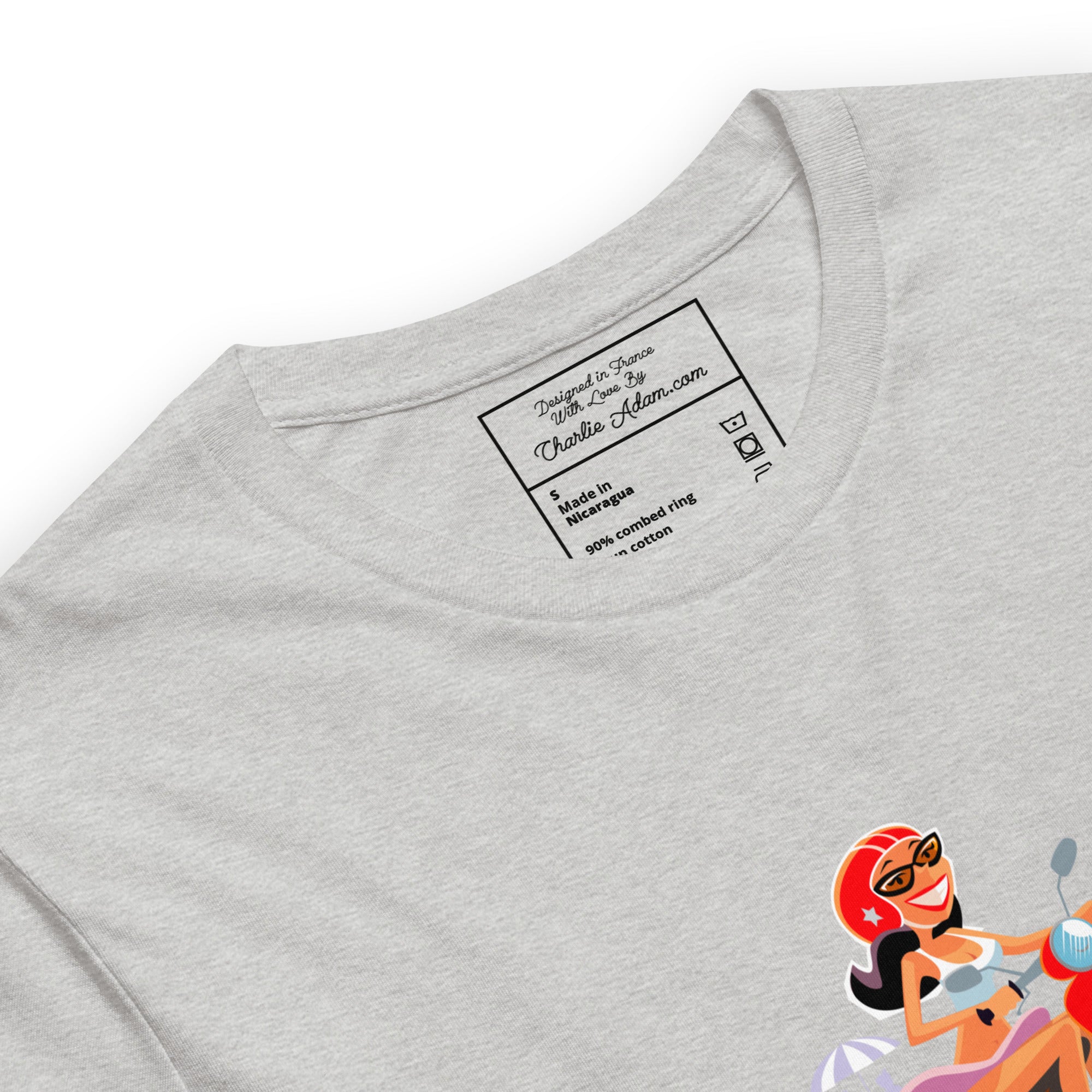 T-shirt en coton unisexe Vespa Girl in St Tropez sur couleurs chinées claires